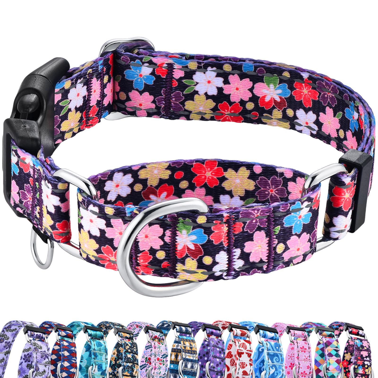 Fidohug Reflective Martingale Collar For Dogs With Buckle Pretty Fancy Female Floral Dog Collars (Japanese Blossoms, Medium)