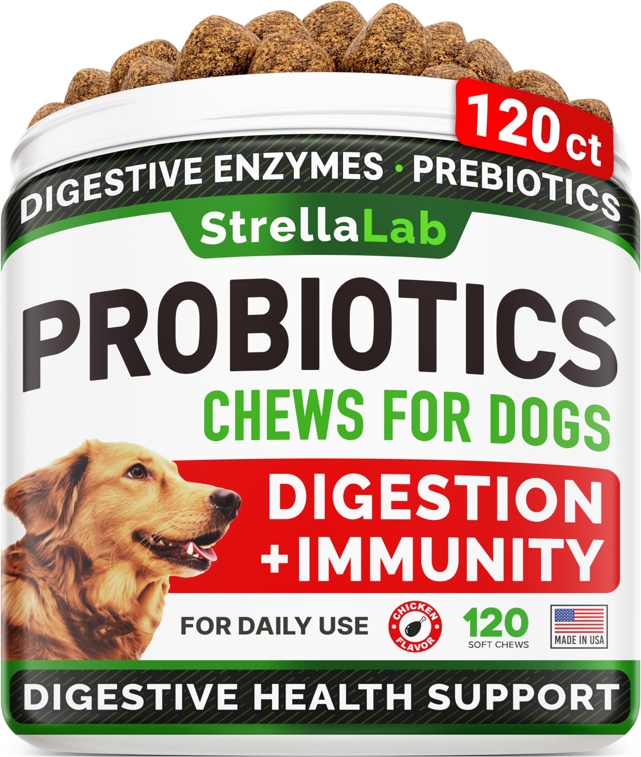 STRELLALAB Dog Probiotics Chews for Digestive Health & Gut Support with Yeast and Enzymes - Anti Gas, Diarrhea and Upset Stomach