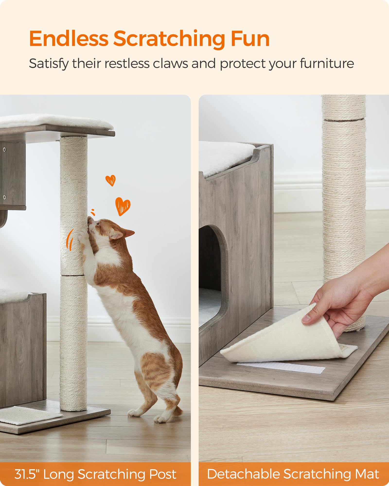 Feandrea WoodyWonders Cat Tree, 33.8-Inch Modern Cat Tower, Cat Condo with 3 Perches, Scratching Post and Mat, Cave, 4 Removable