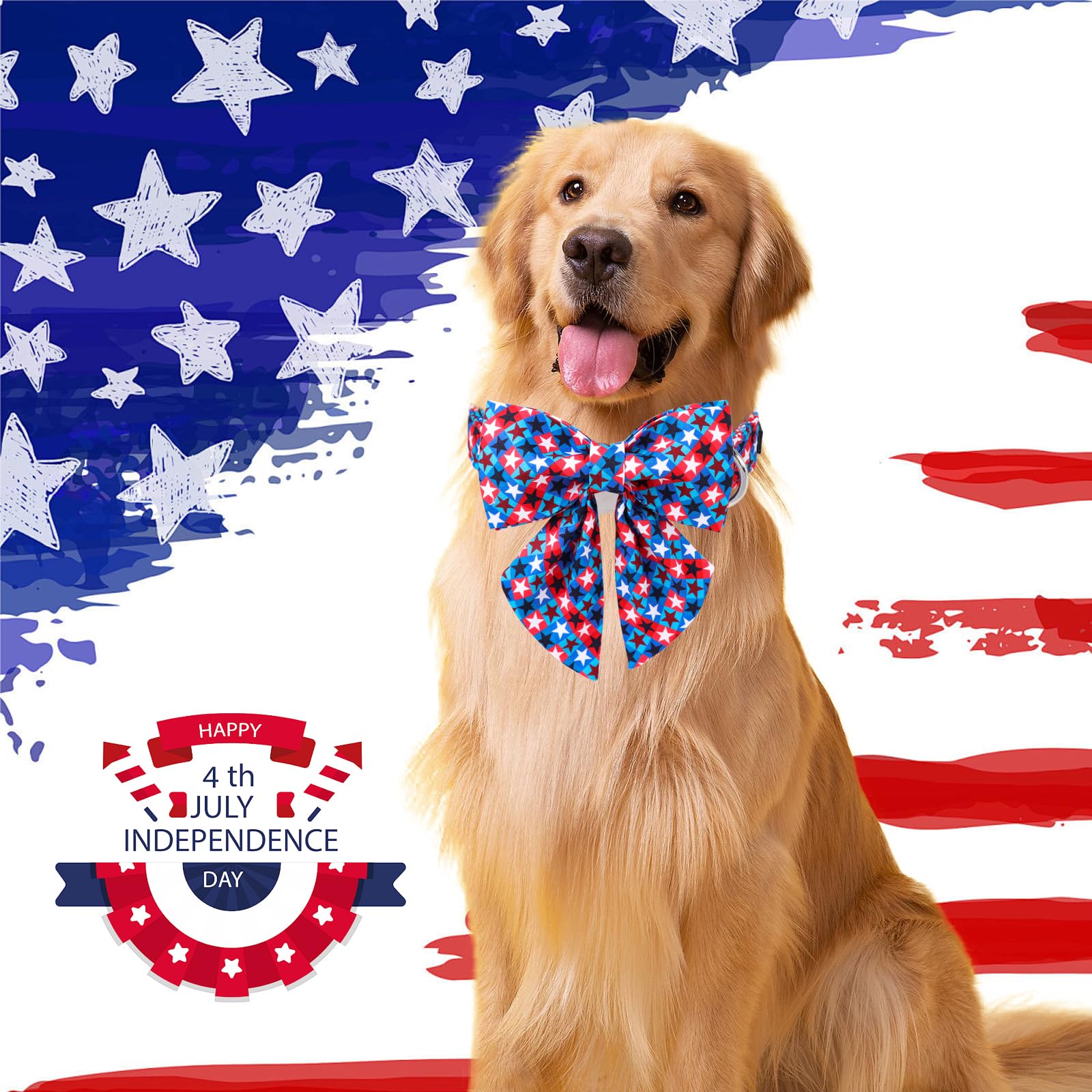 Unique Style Paws 4Th Of July Dog Collar With Bowtie, American Flag Dog Collars With Bow Adjustable Patriotic Puppy Collar For S