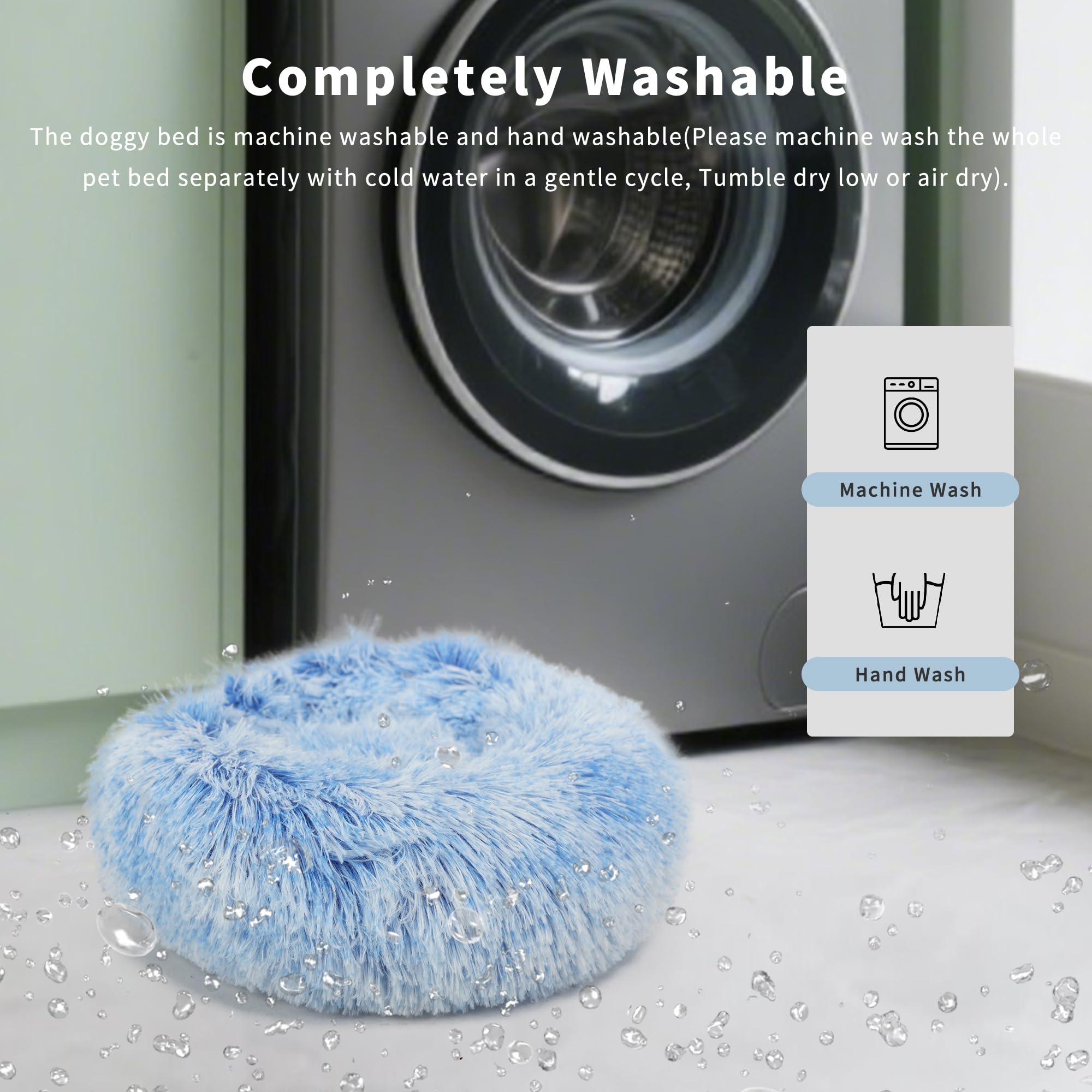 Blue and White Dog Bed Small Washable,Calming Dog Bed for Small Dogs,15 inches Donut Fluffy Pet Beds,Anti Anxiety Round Fits up