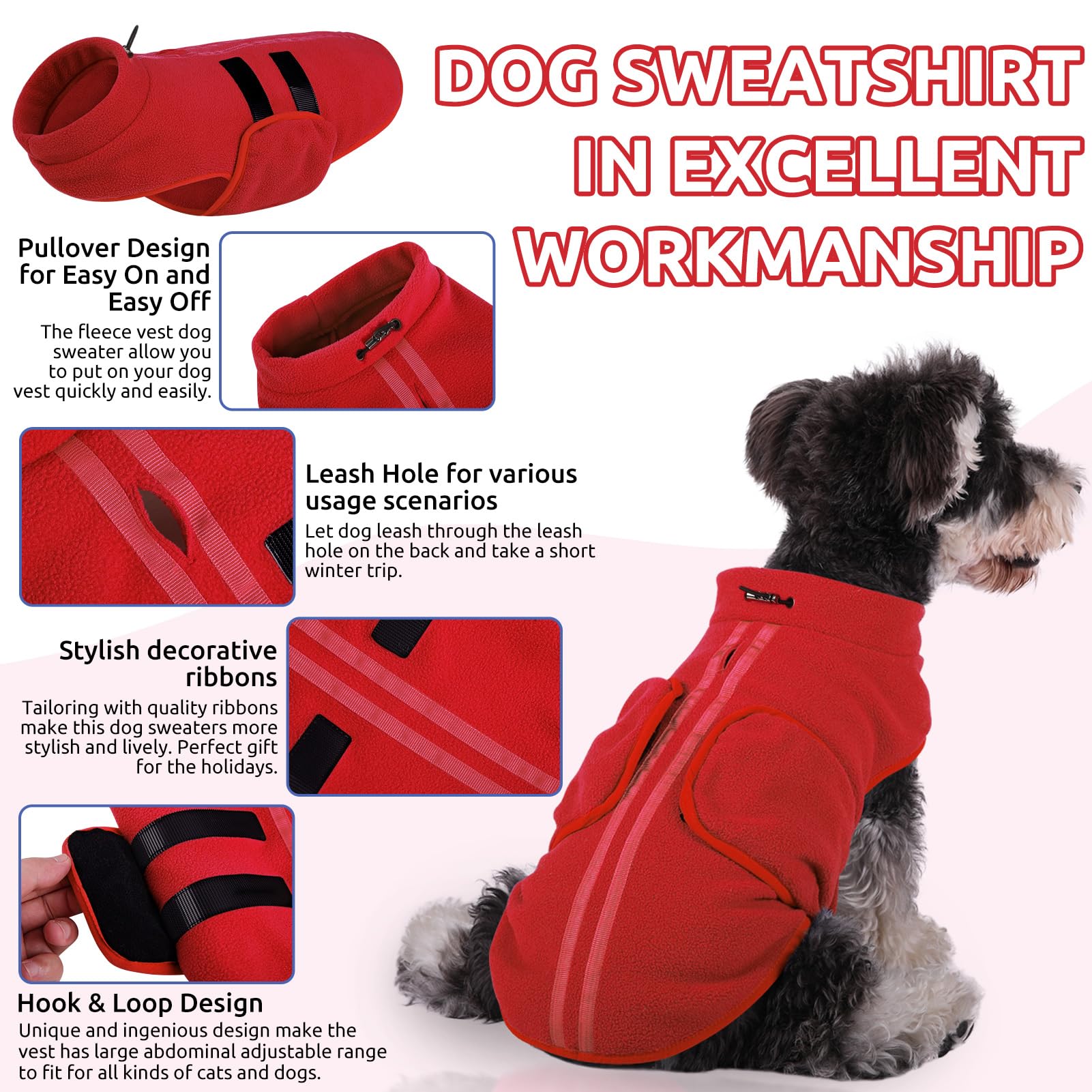 Queenmore Large Dog Sweaters, Soft Fleece Vest Pullover Dog Jacket With Leash Hole, Warm Winter Dog Clothes Cold Weather Doggy Dachshund Sweater For Large Dogs Cats Boy Or Girl (Red, L)