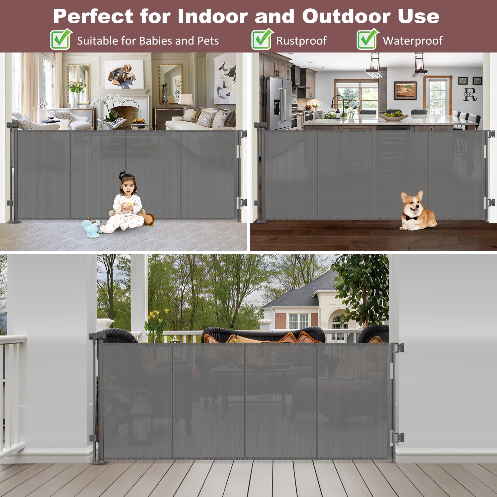GRENFU Reinforced 41 Inch Extra Tall Pet Gate, 80 Inch Extra Wide, Retractable Baby Gate with Support Rods, Gray, Metal Frame wi