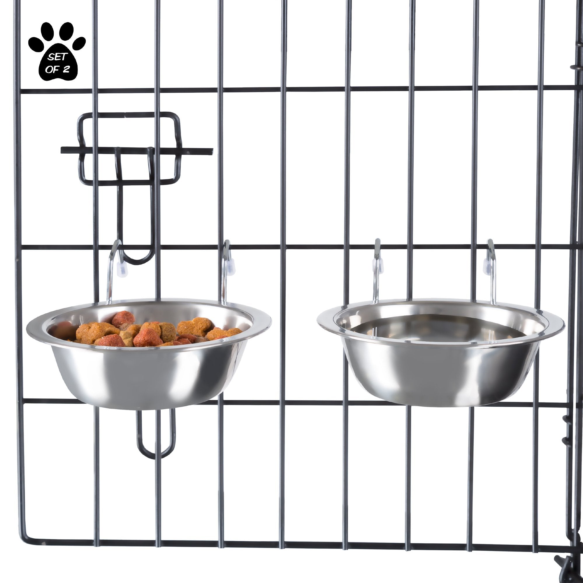 Set of 2 Stainless-Steel Dog Bowls - Cage, Kennel, and Crate Hanging Pet Bowls for Food and Water - 8oz Each and Dishwasher Safe