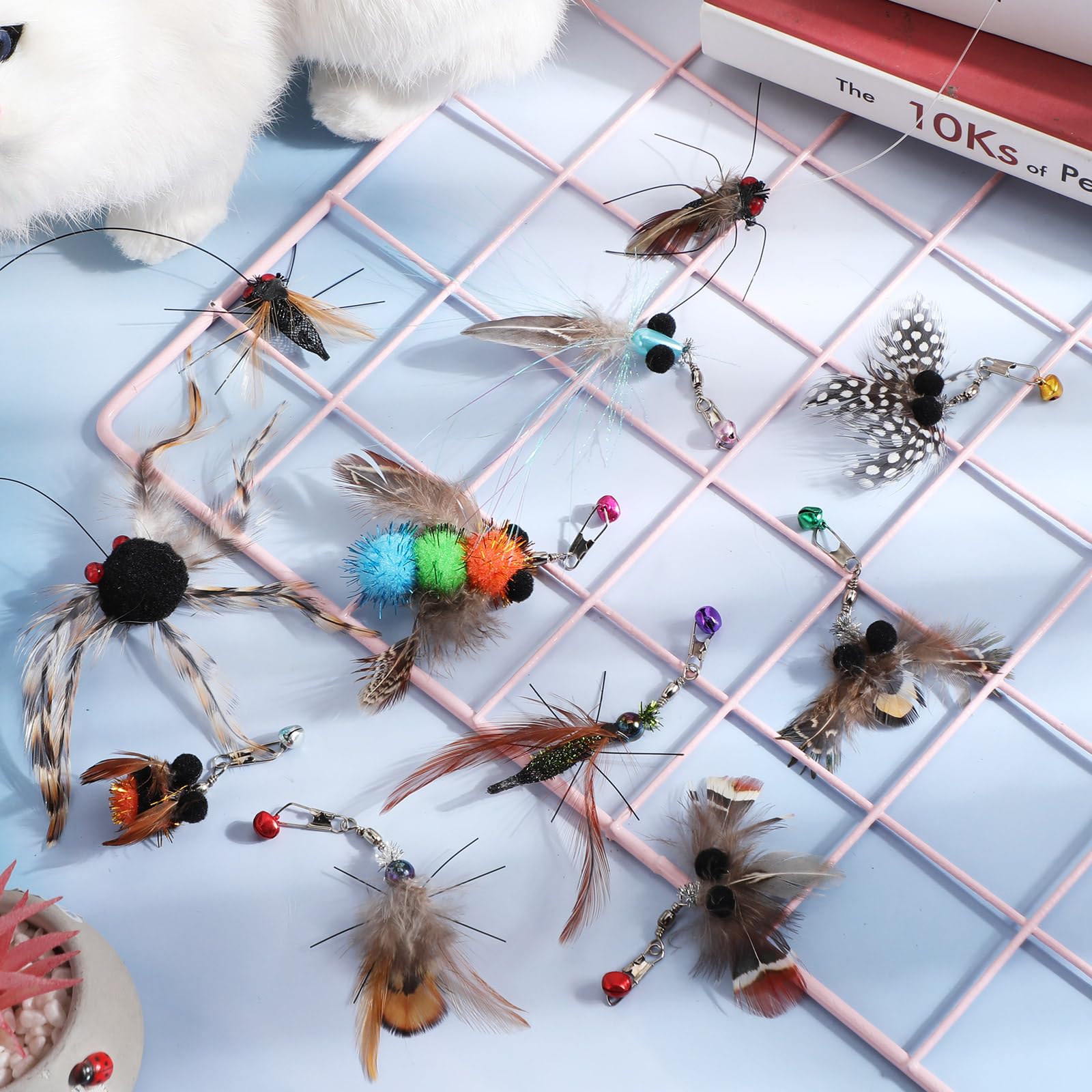 Seenelling 20 Pcs Cat Feather Toys Refill Bird Insects Mouse Simulation Cat Wand Toy Refill Wand Attachments Pet Toy Replacement
