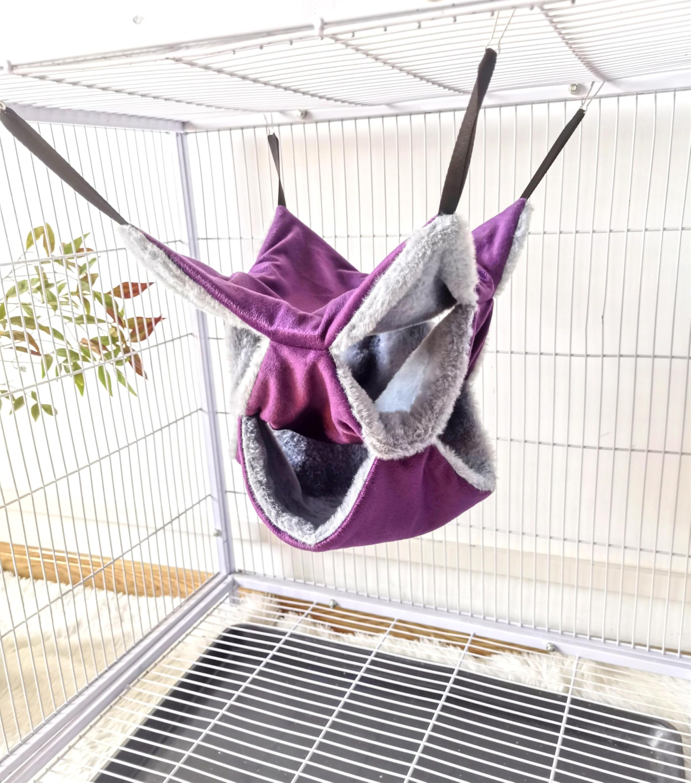 Vedem Small Animals Warm Plush Triple Bunkbed Cage Hanging Hammock Bed Hideout For Sugar Glider Ferret Squirrel (Purple/Grey)