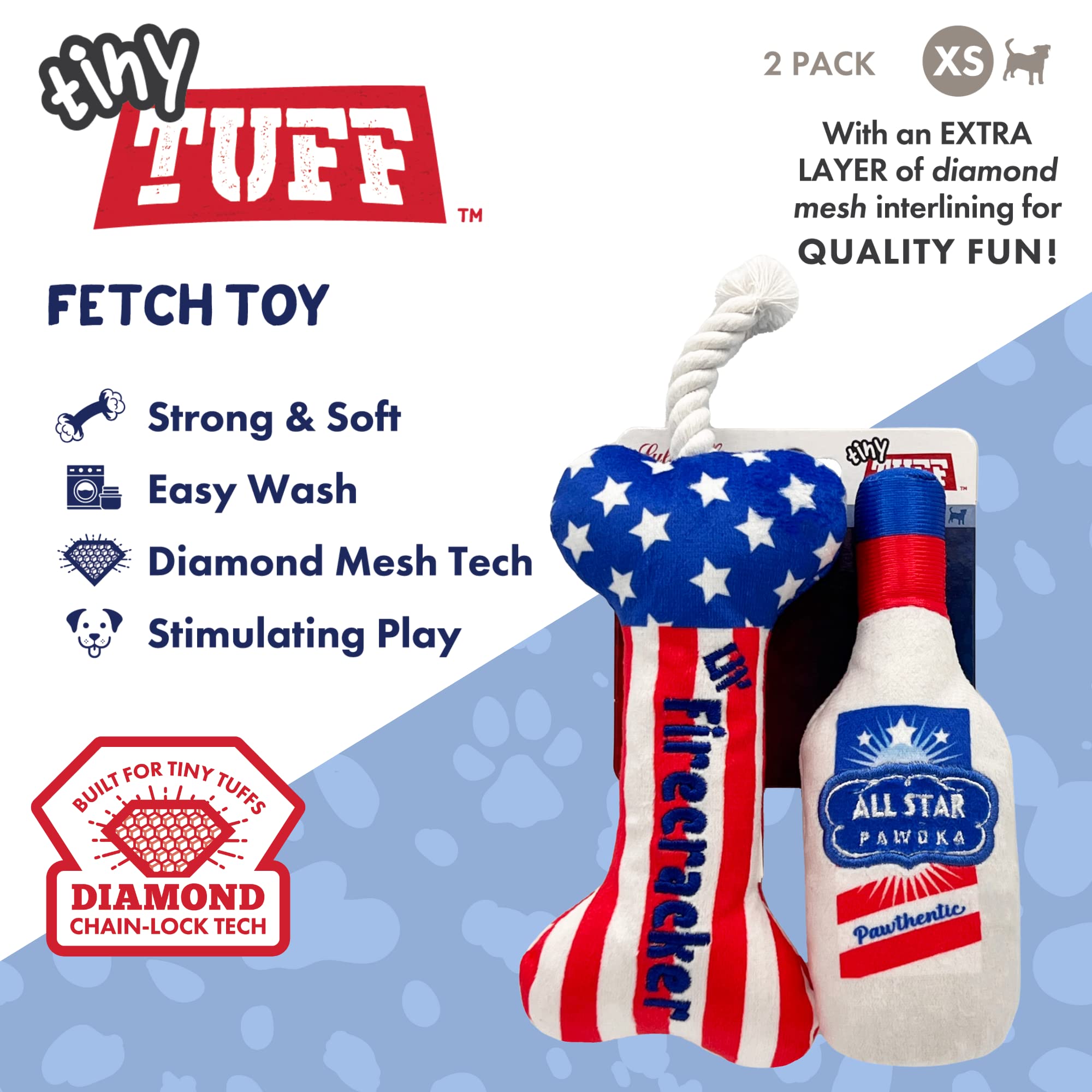 Huxley & Kent Tiny Tuff | Red, White, & Booze | Extra Tough Dog Toy For Small Dogs | 2-Pack Funny Dog Toy | Features Squeaker, C