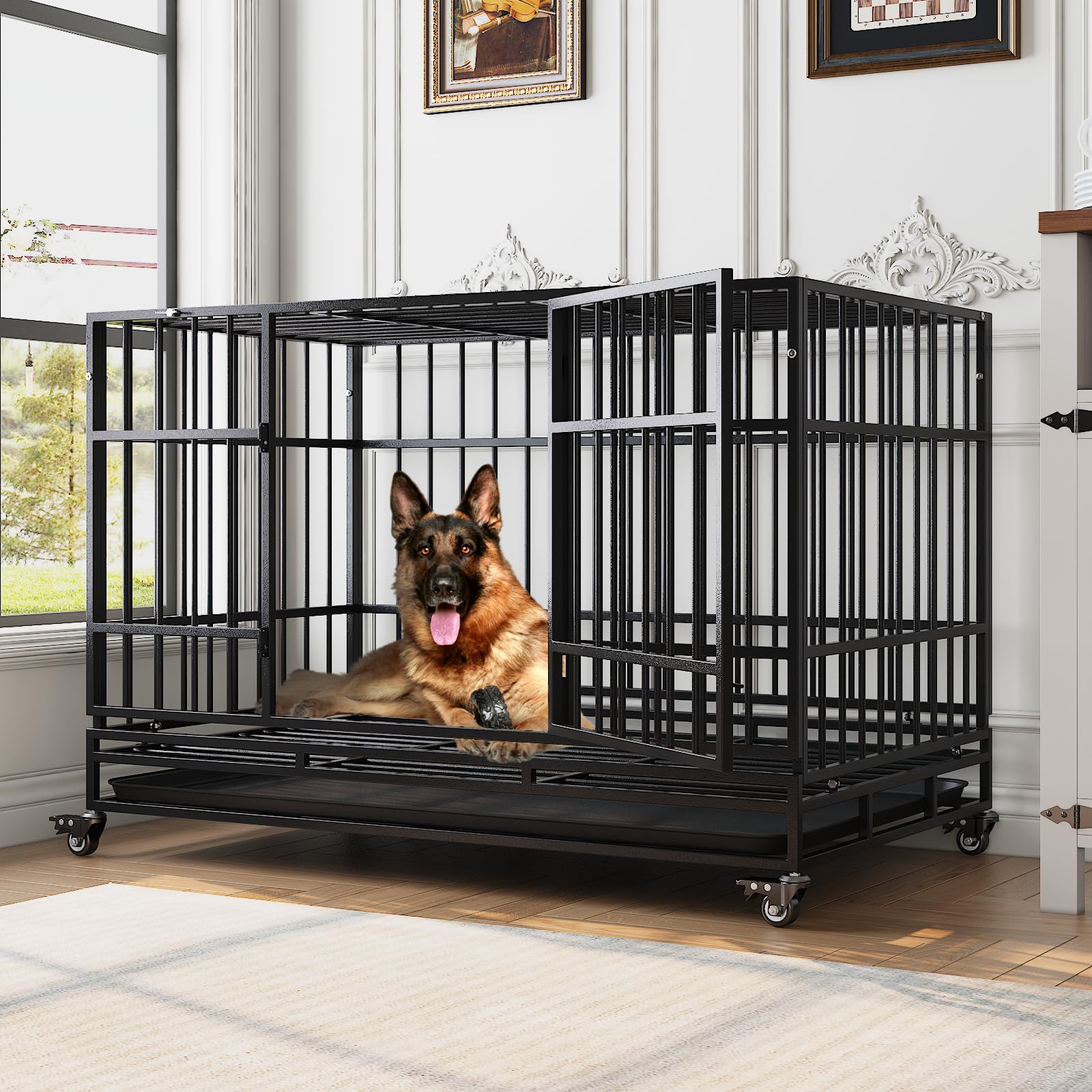 Timhaka 48 Inch Heavy Duty Dog Crates For Large Dogs, Escape Proof Dog Cage, Self-Locking Latch, Dog Kennel Indoor With 4 Lockab