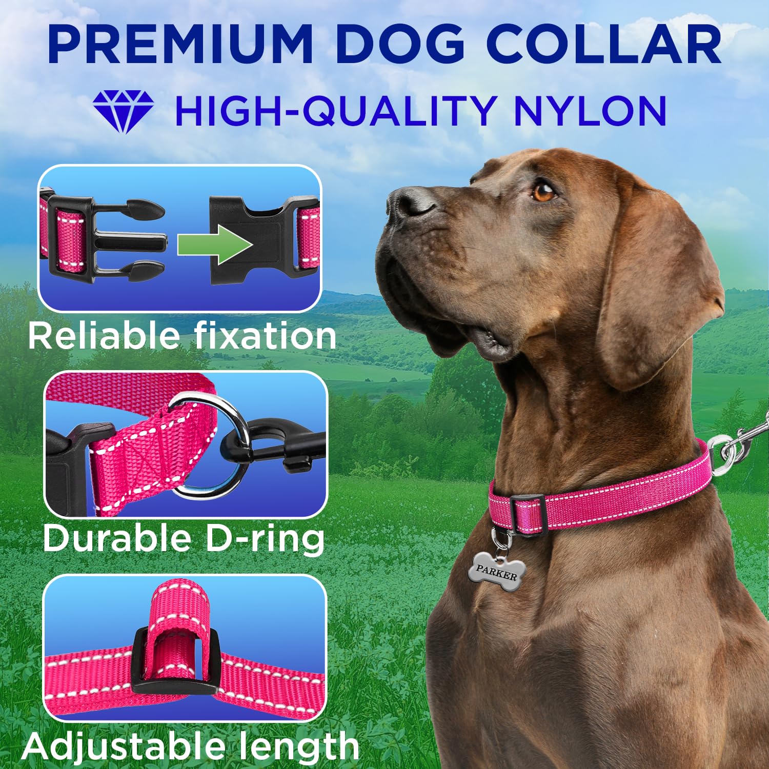 Teceum Reflective Dog Collar - Hot Pink - S - Basic Nylon Pet Collar - Quick Release Buckle - Fits Small, Medium And Large Dogs,