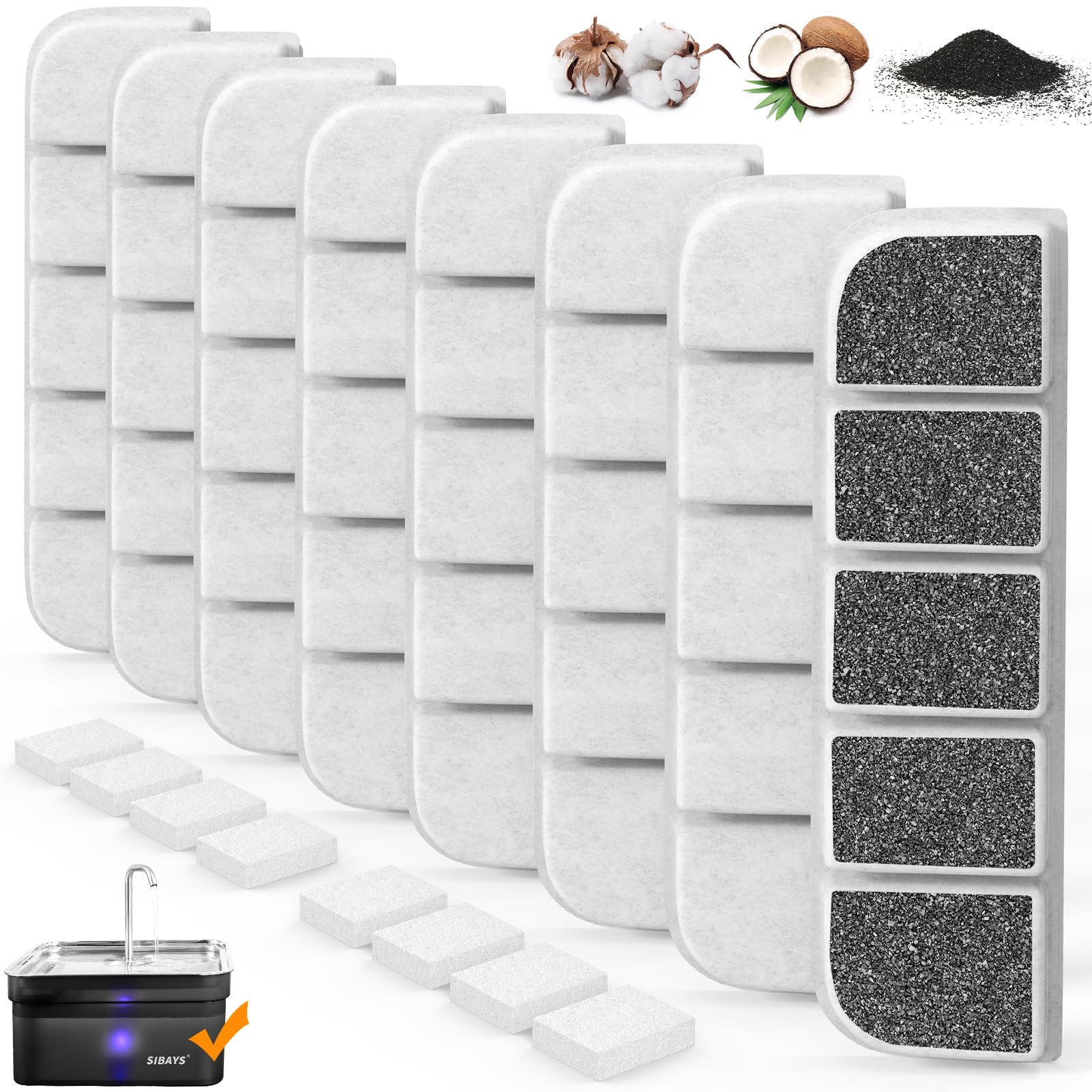 8 Pack Replacement Filters and 8 Pack Pump Sponges for SIBAYS 355oz/2.8Gal/10.5L Large Dog Water Fountain, Made of Coconut Shell