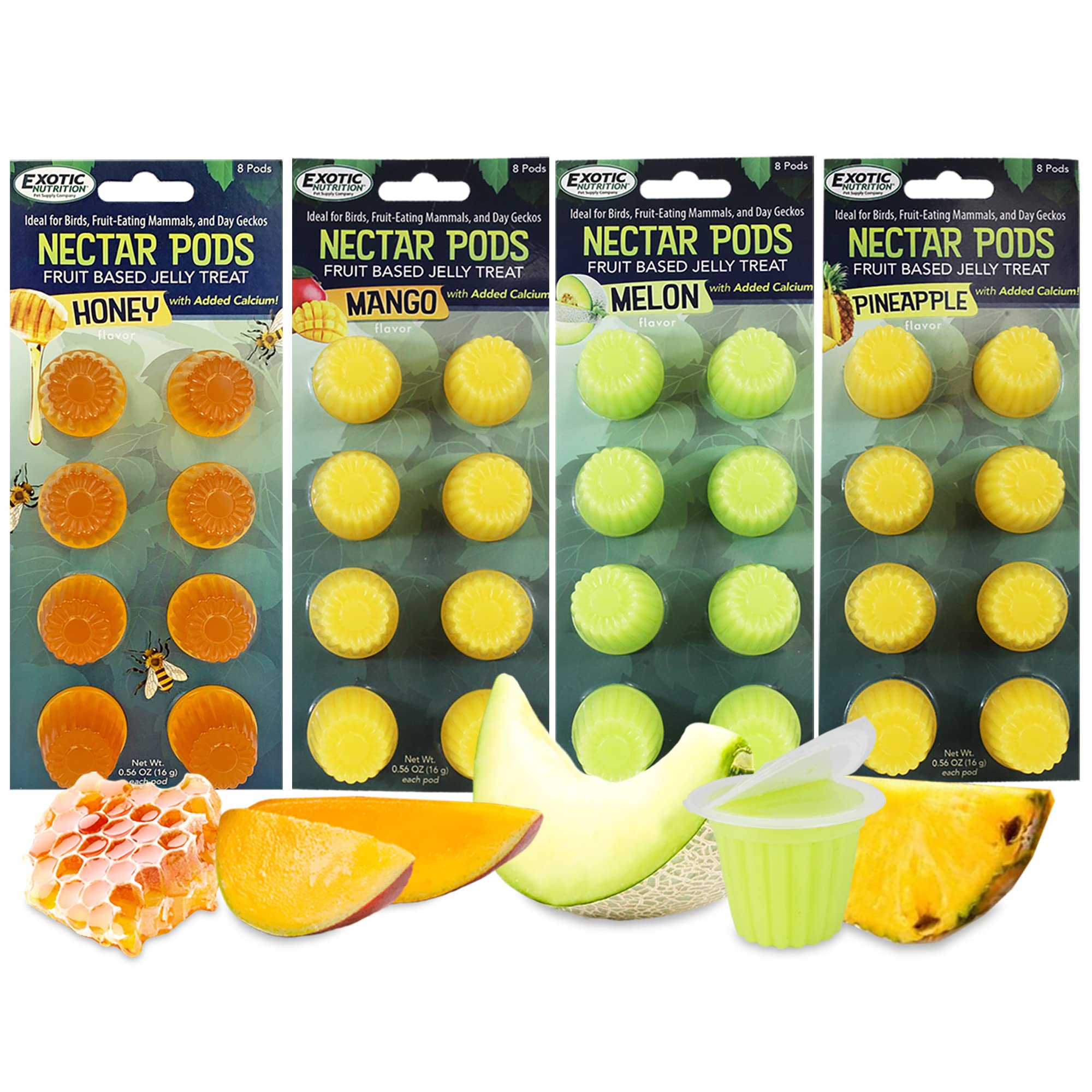 Nectar Pods (Variety 4 Pack) - Calcium-Fortified Jelly Fruit Treat - Sugar Gliders, Marmosets, Squirrels, Parrots, Cockatiels, P