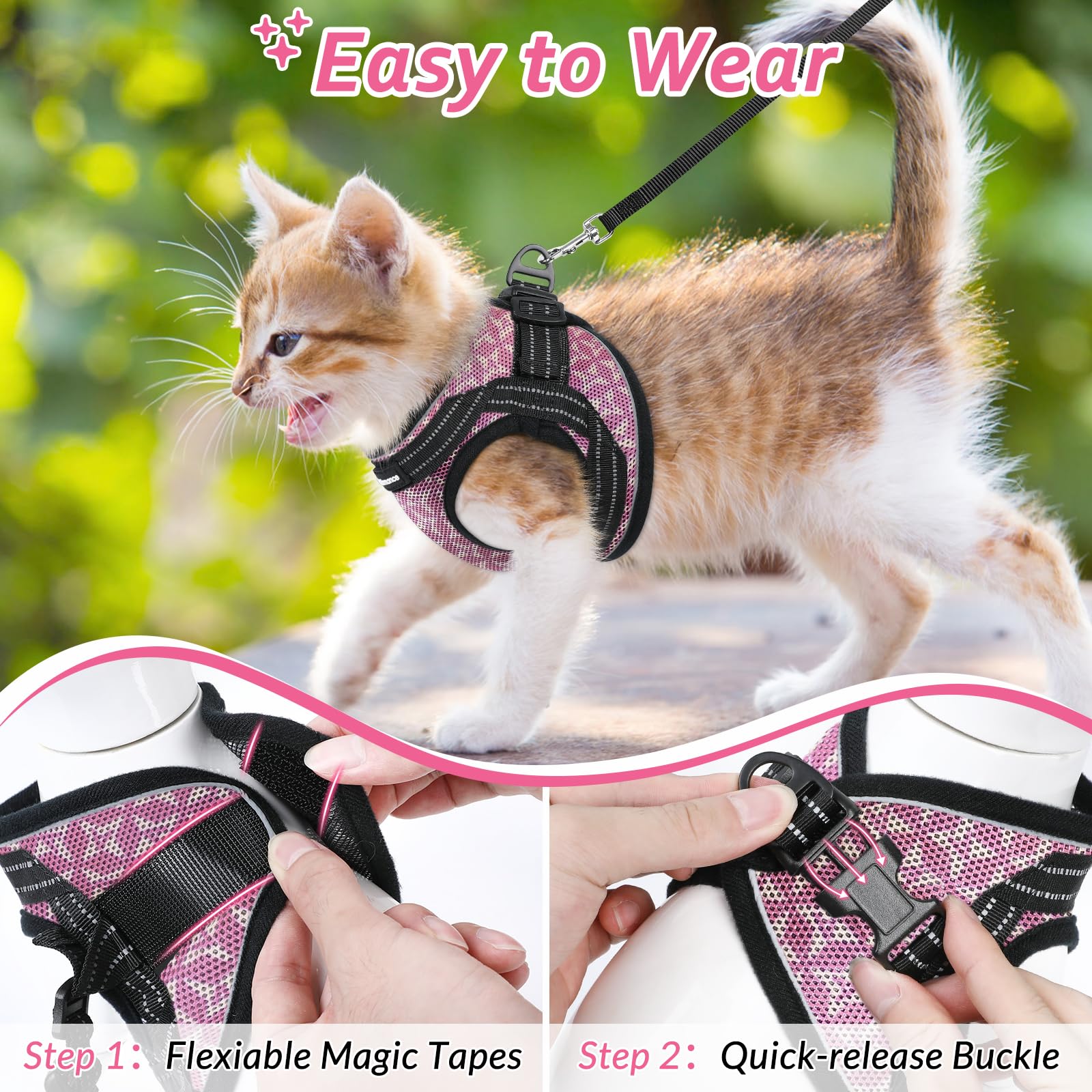 Catromance Cat Harness And Leash Set Escape Proof For Walking, Safe Adjustable Small Large Kitten Vest With Reflective Strip For Kitty, Easy Control Comfortable Soft Outdoor Harnesses, Pink, Large