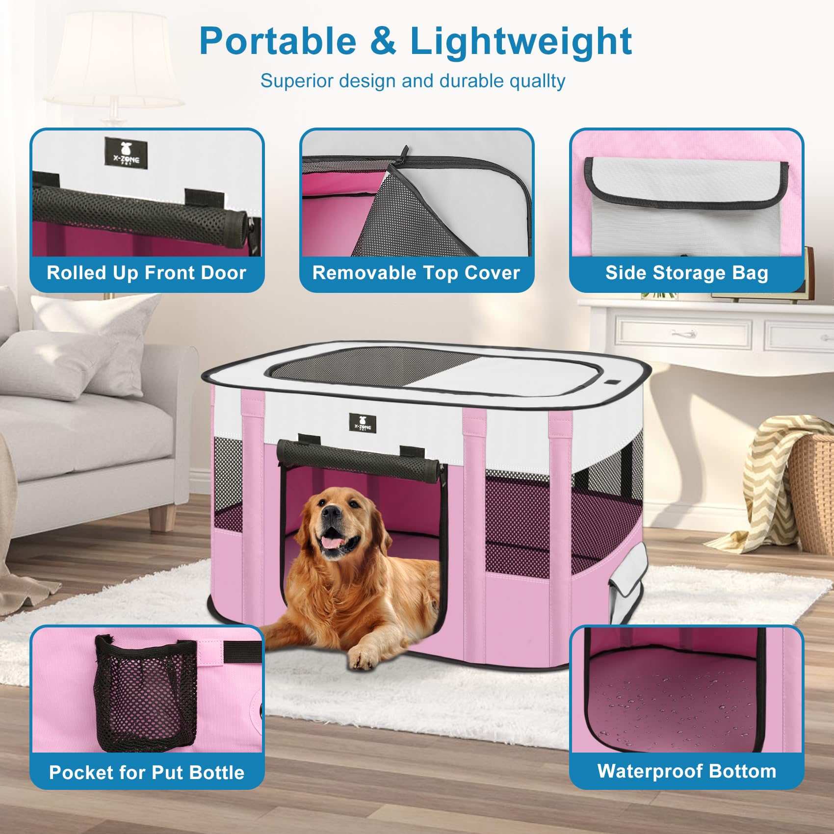 X-ZONE PET Dog Playpen, Puppy Cat Play Pen Portable Foldable Indoor/Outdoor Tent Crate Cage, Portable Pet Crate Small Size Pink