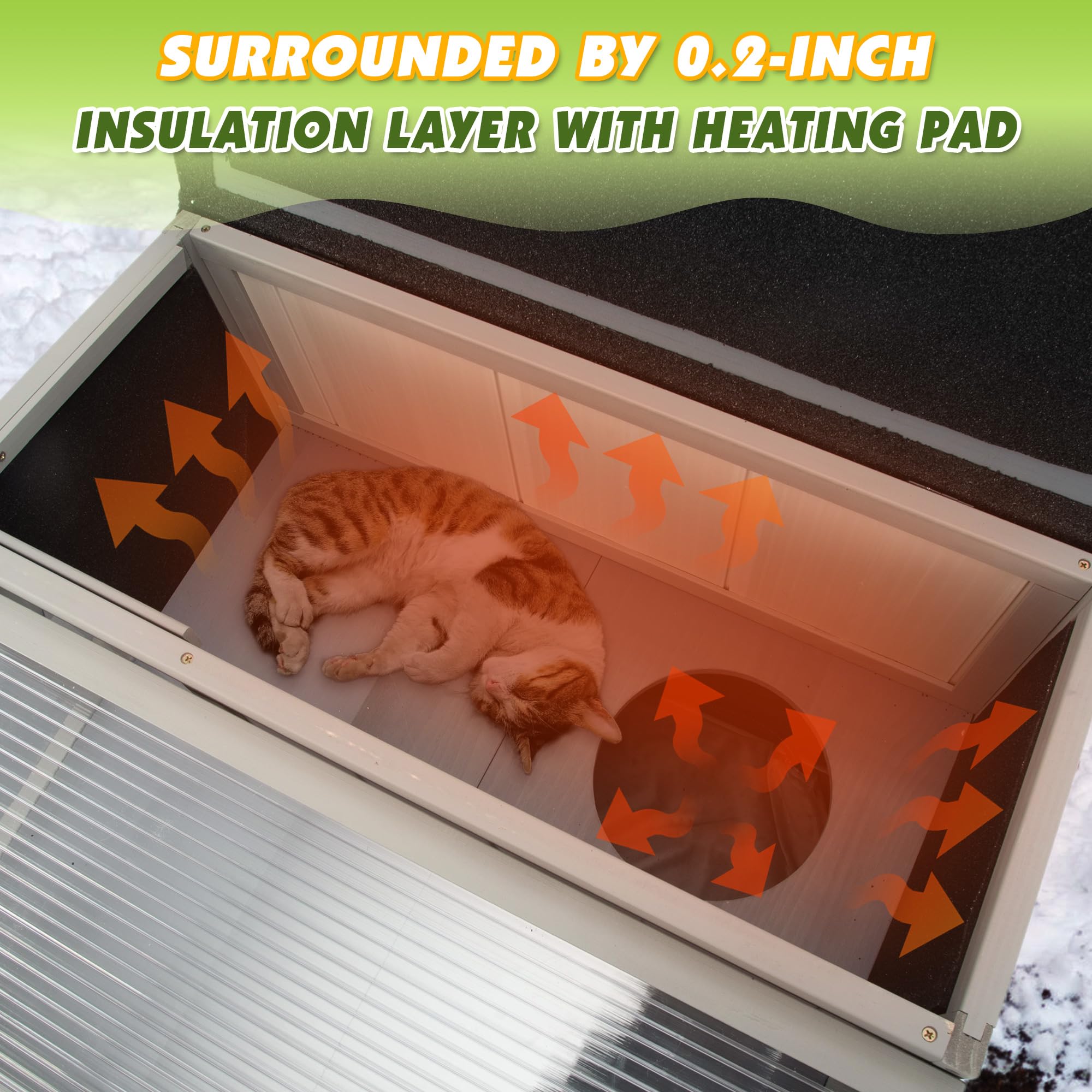 Outdoor Heating Pad Insulated Cat House, Warm Cat Shelter With Heated Pet Pad Bed, Balcony, Timing And Temp Adjustable, Feral Ca