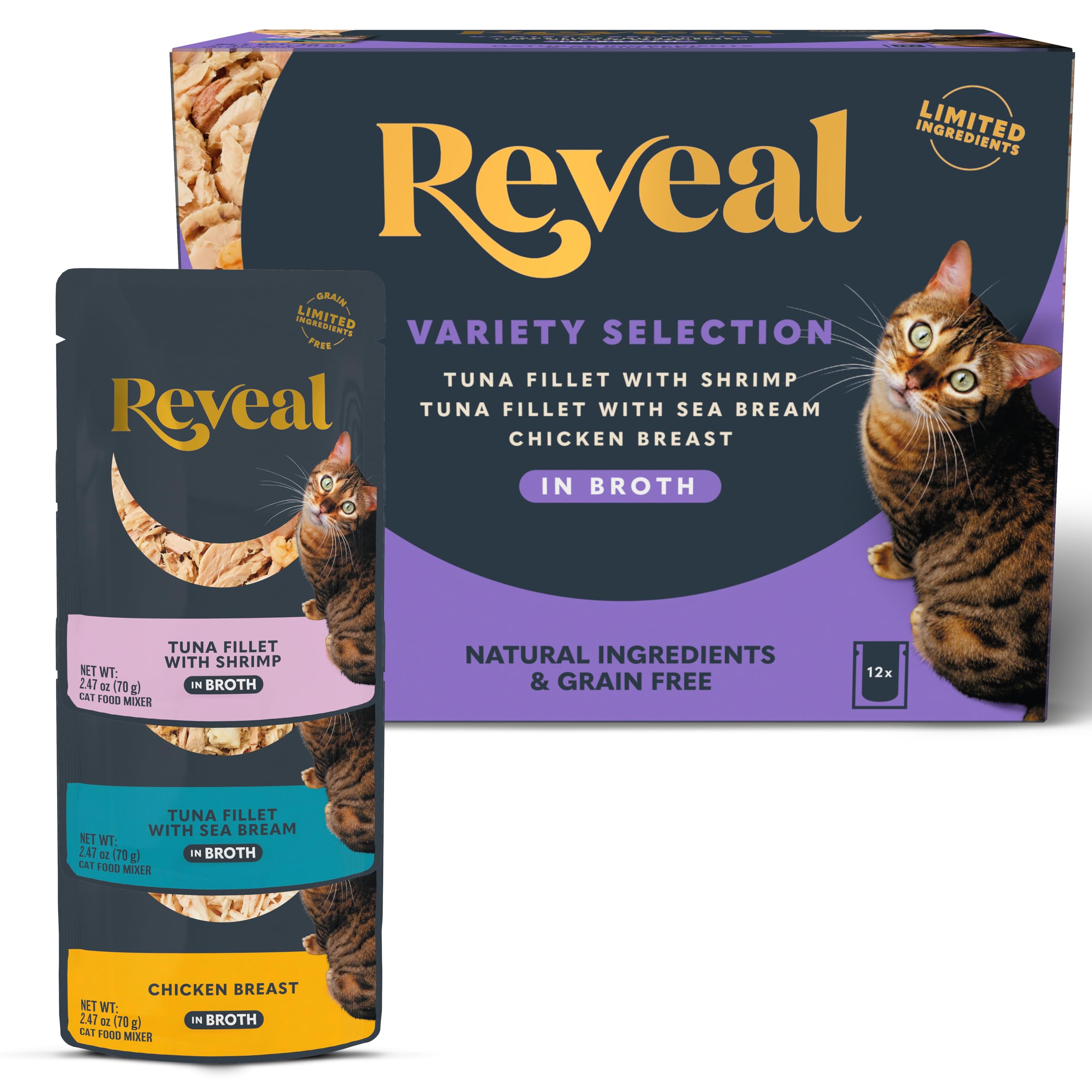 Reveal Natural Wet Cat Food, 12 Count, Grain Free, Limited Ingredient Cat Food Pouches, Fish and Chicken Variety in Broth, 2.47 