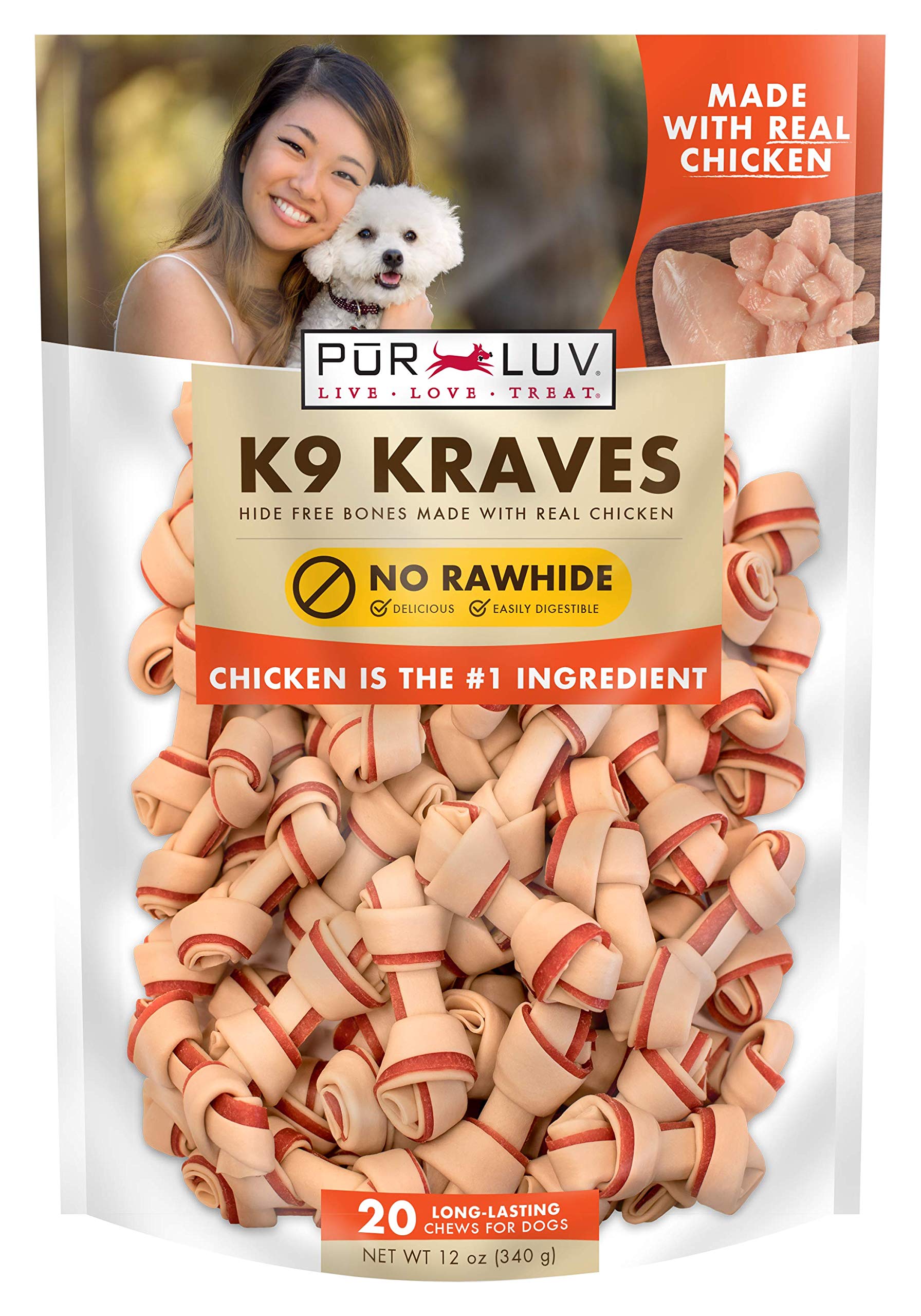 Pur Luv Dog Treats, K9 Kraves Rawhide Free Bone Dog Treat, Chicken Flavor, Made with Real Chicken, 20 Count, Healthy, Easily Dig