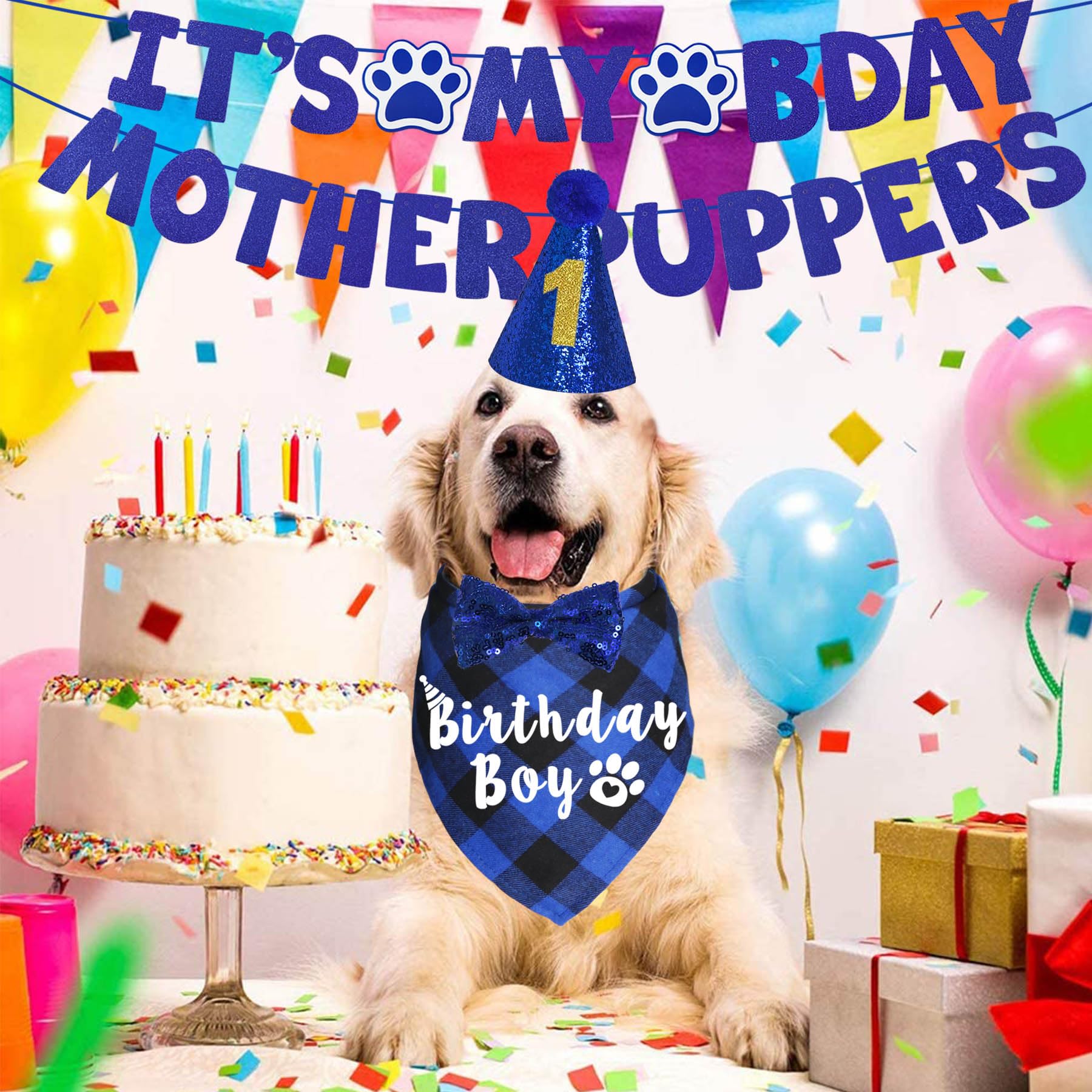 Jotfa Dog Birthday Party Supplies, Multi Sizes Dog Birthday Hat With Numbers Bandana Bow Tie Its My Bday Mother Puppers Sign Ban