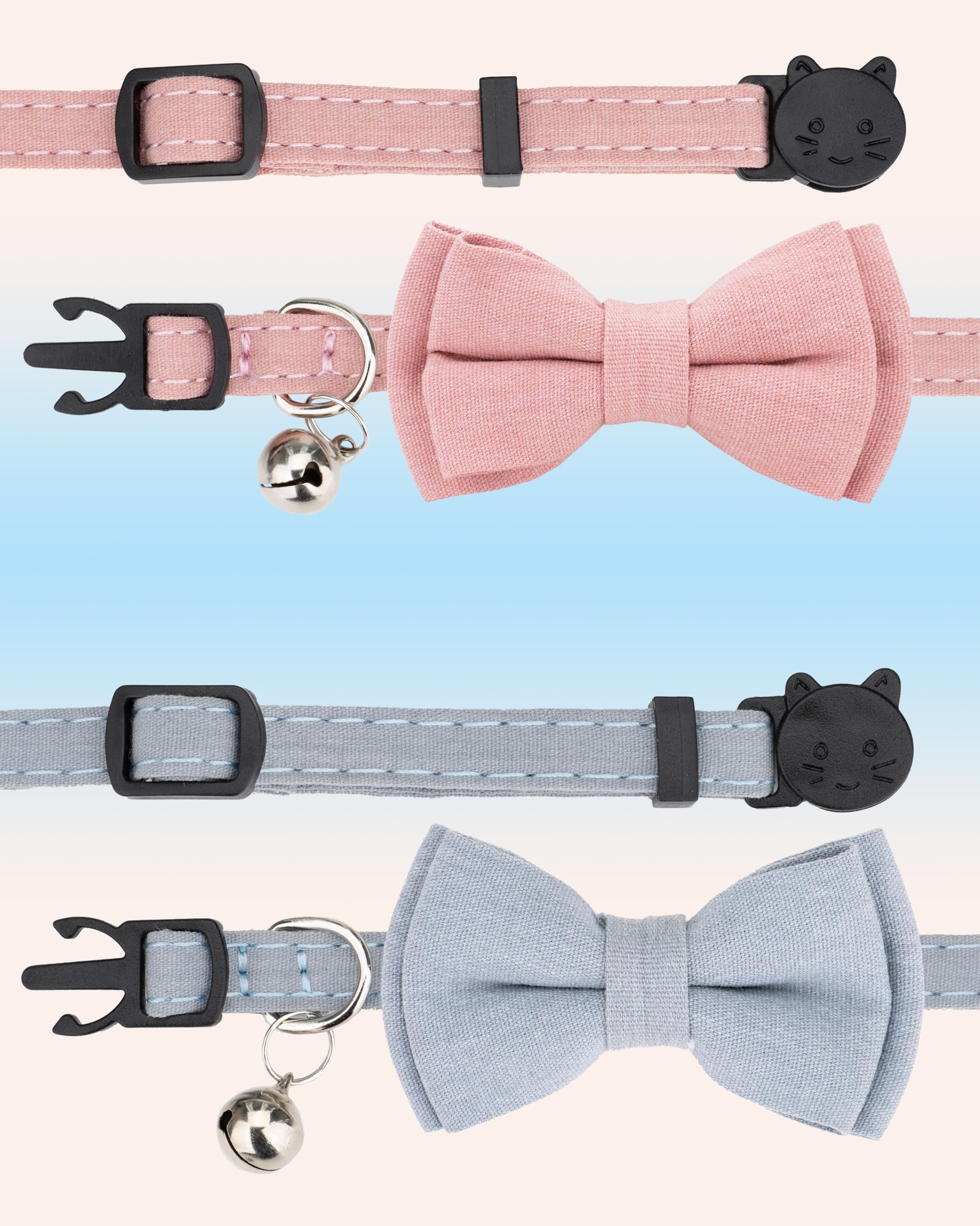 Gyapet Cat Collar Breakaway Bowtie Safety With Bell Adjustbale Kitten Puppy Solid Plaid Color Set A-[2Pcs] Pink & Blue