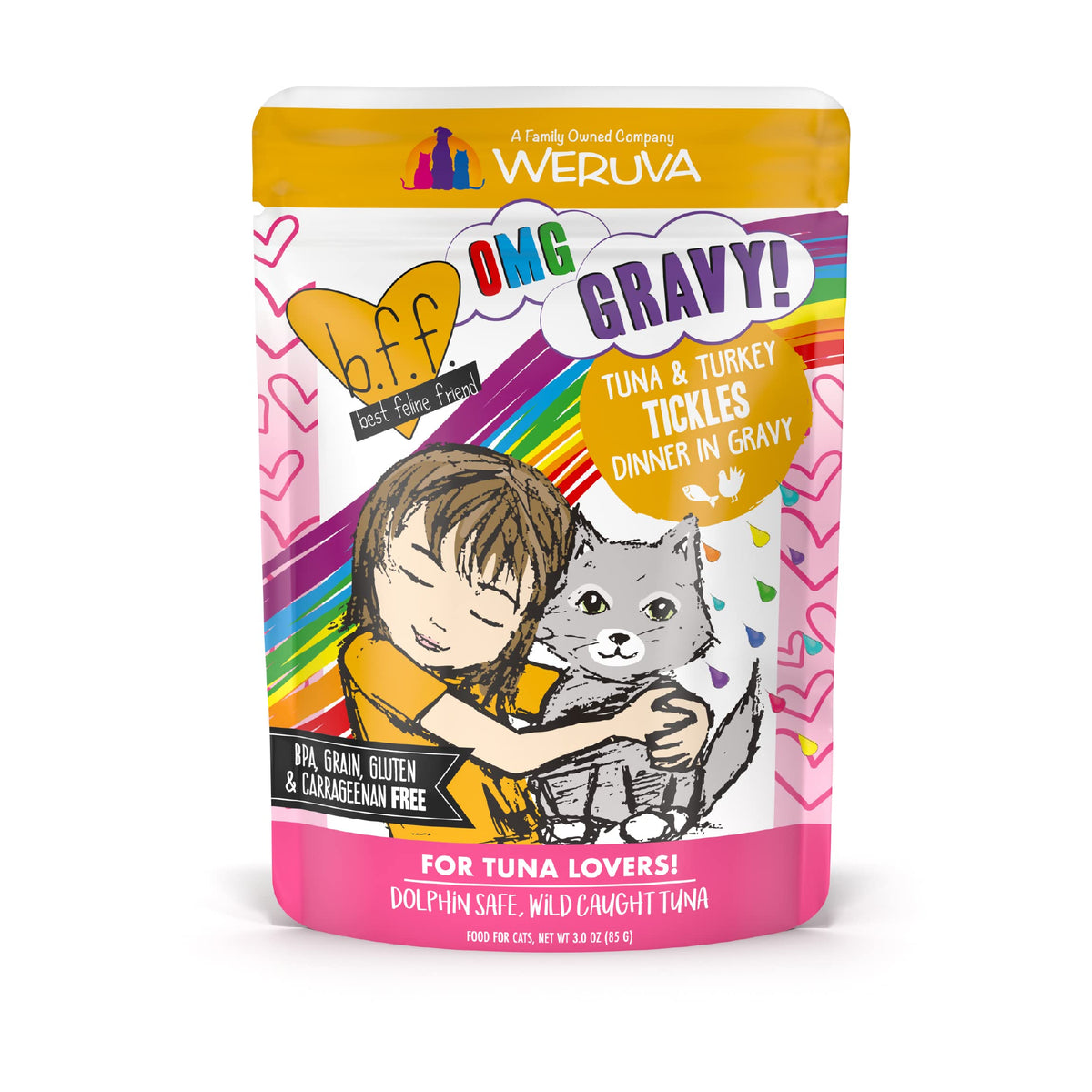 Weruva B.F.F. Omg - Best Feline Friend Oh My Gravy!, Tuna & Turkey Tickles With Tuna & Turkey In Gravy Cat Food, 3Oz Pouch (Pack Of 12)