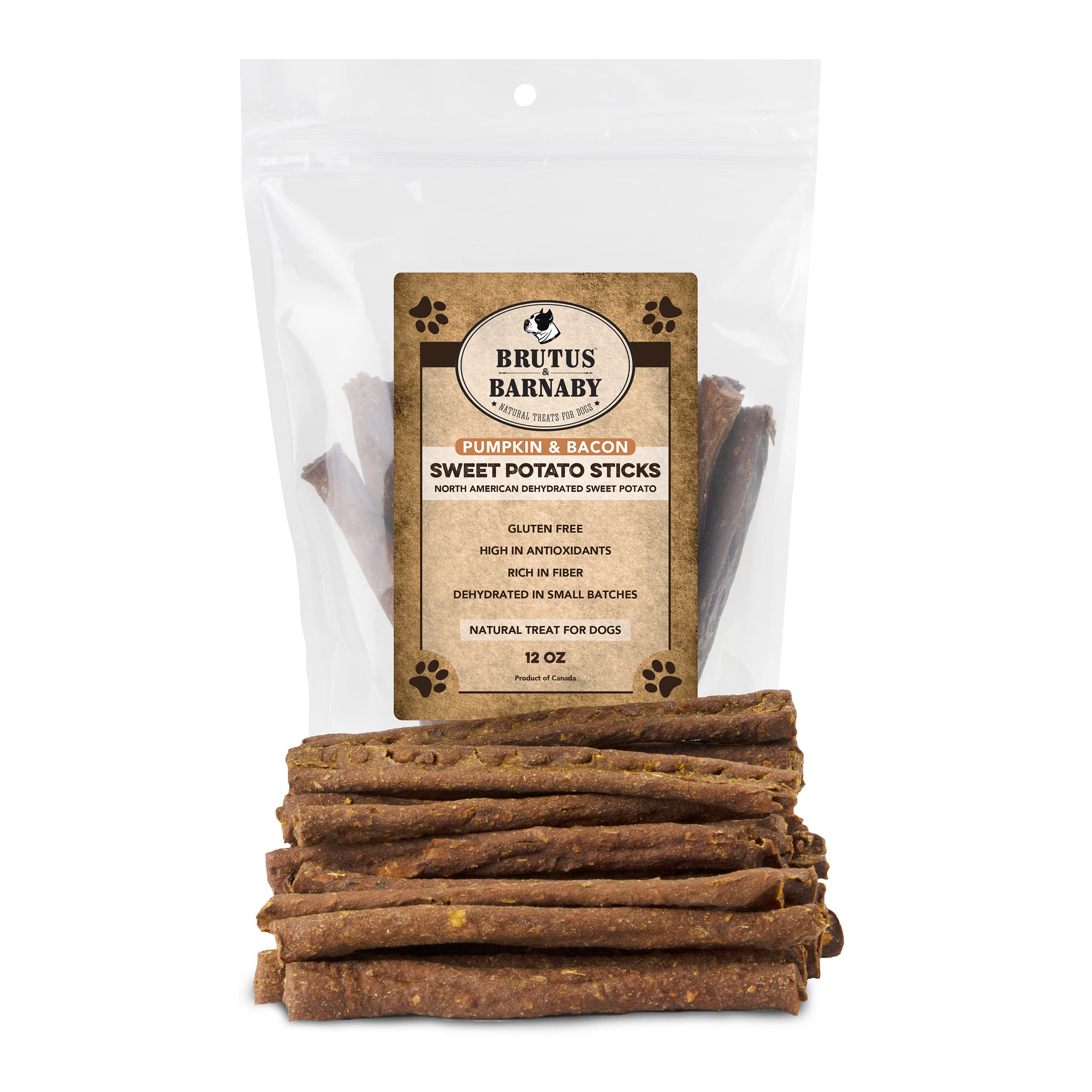 BRUTUS & BARNABY USA Sweet Potato Dog Treats - Grain Free, Pumpkin Bacon Crunchy Sticks - Great Tasting, Promotes Positive Dog G