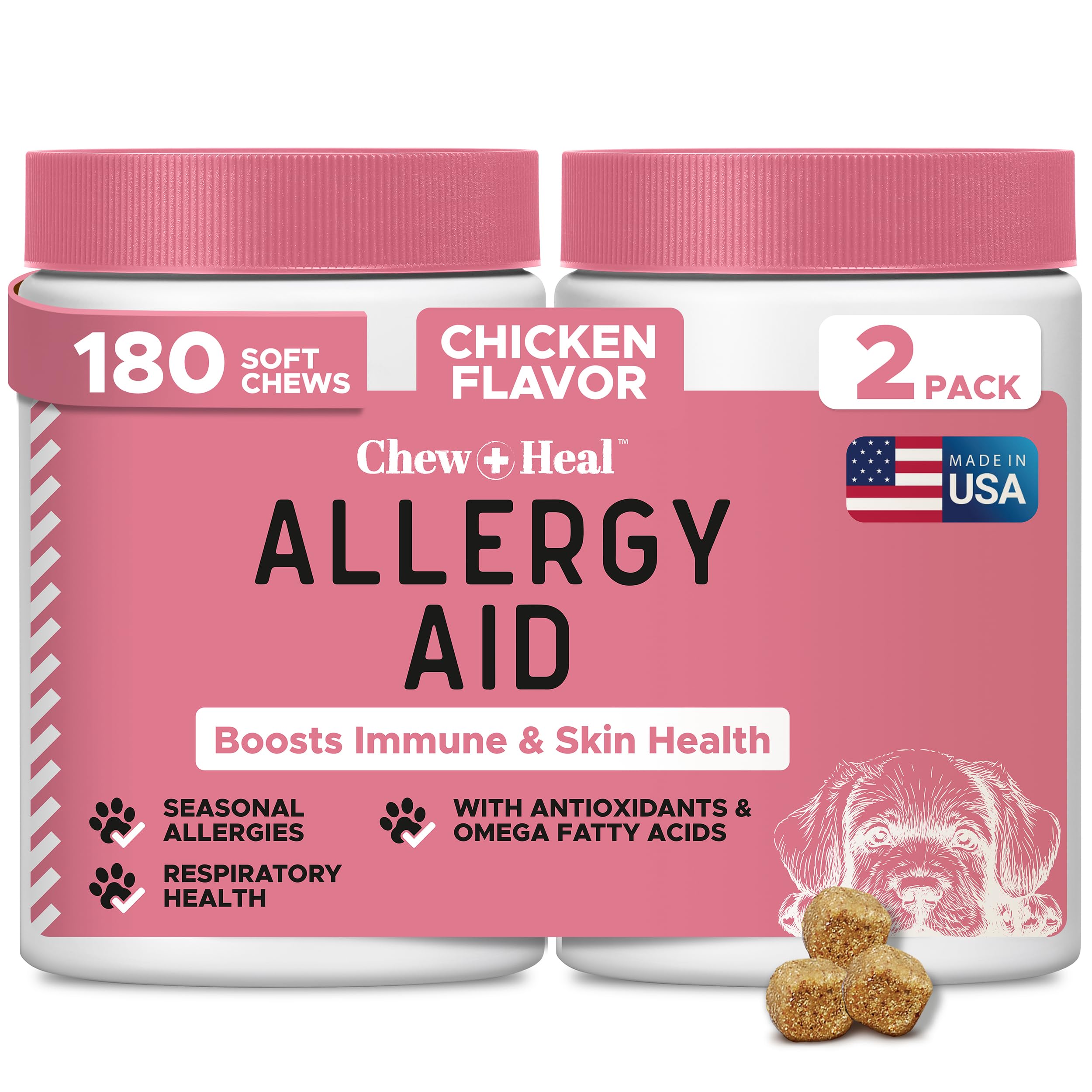 Dog Allergy Chews -180 Delicious Soft Chew Treats - Anti Itch Allergy Relief for Dogs and Cats - Boosts Immune System, Promotes 