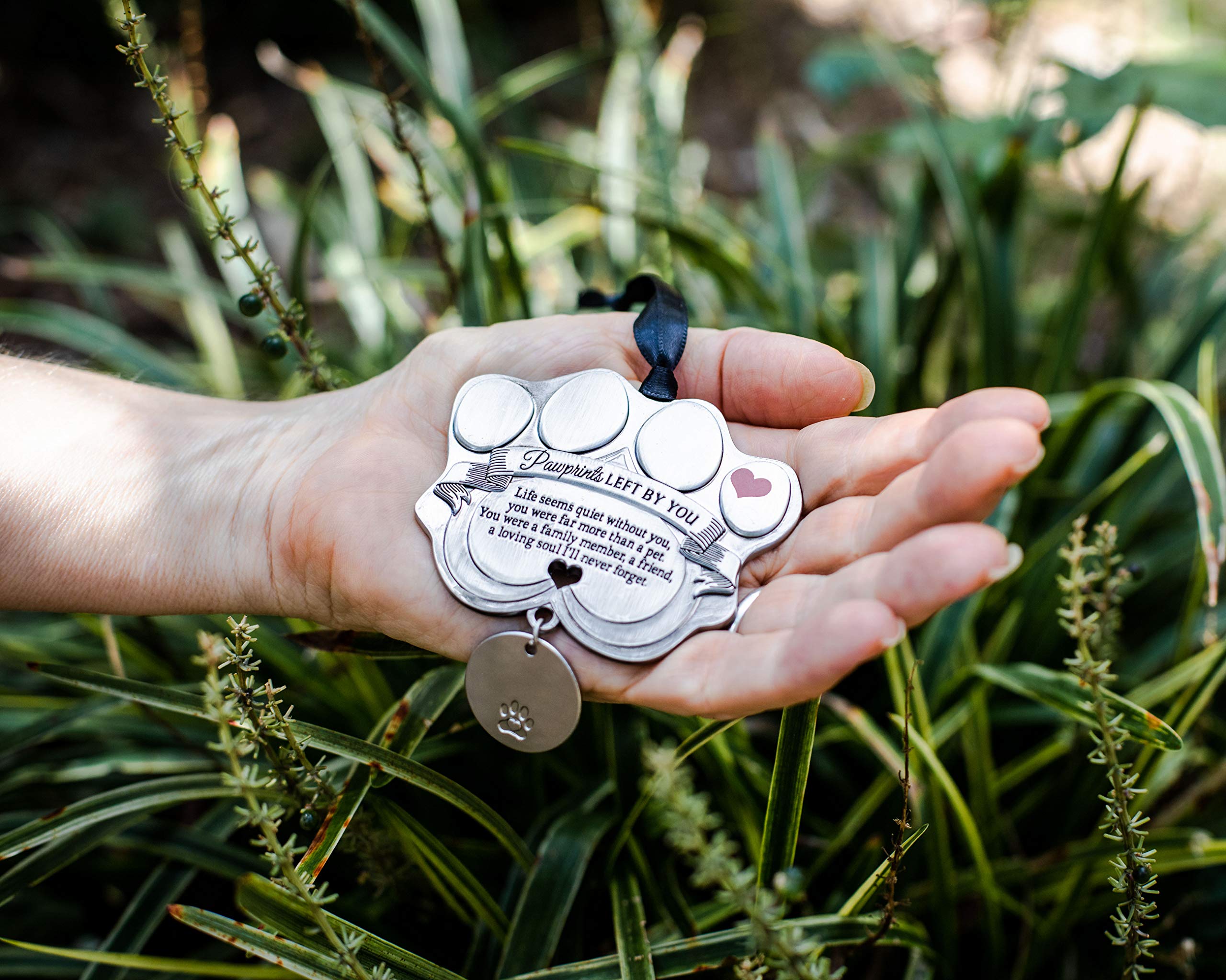 Pet Memorial Ornament - 3' Metal Casted Paw Print Design Ornament With Engravable Drop Pendant - Beautiful Remembrance Gift For A Grieving Pet Owner - Includes Pawprints Left By You Poem Card