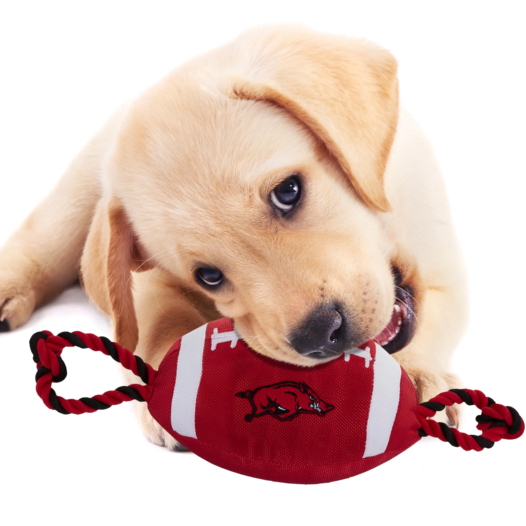 Pets First NCAA Arkansas Razorbacks Football Dog Toy, Tough Quality Nylon Materials, Strong Pull Ropes, Inner Squeaker, Collegia