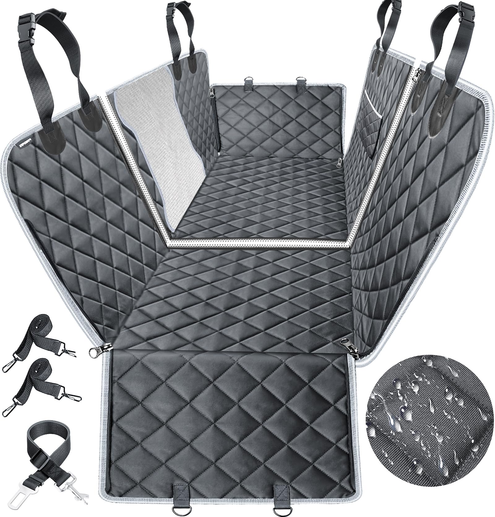 URPOWER 6-in-1 Dog Car Seat Cover for Back Seat, Waterproof Dog Car Hammock 40/60 Split Dog Seat Cover with Mesh Window and Side