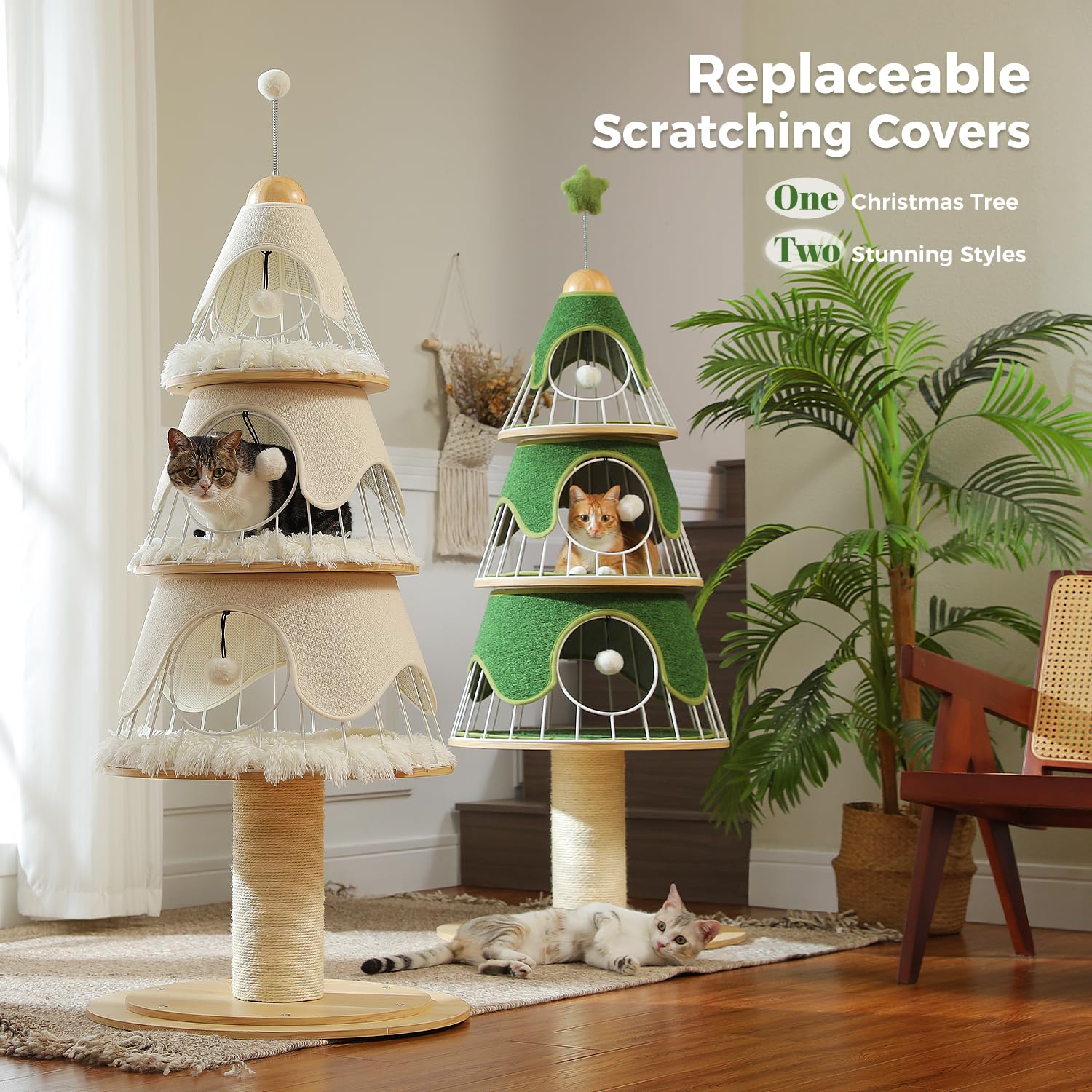 Muttros Modern Cat Tree 51.2 With Thick Scratch Post (5.4In), Wood Cat Furniture With 3 Condo & Aesthetic Metal Frame & Replac