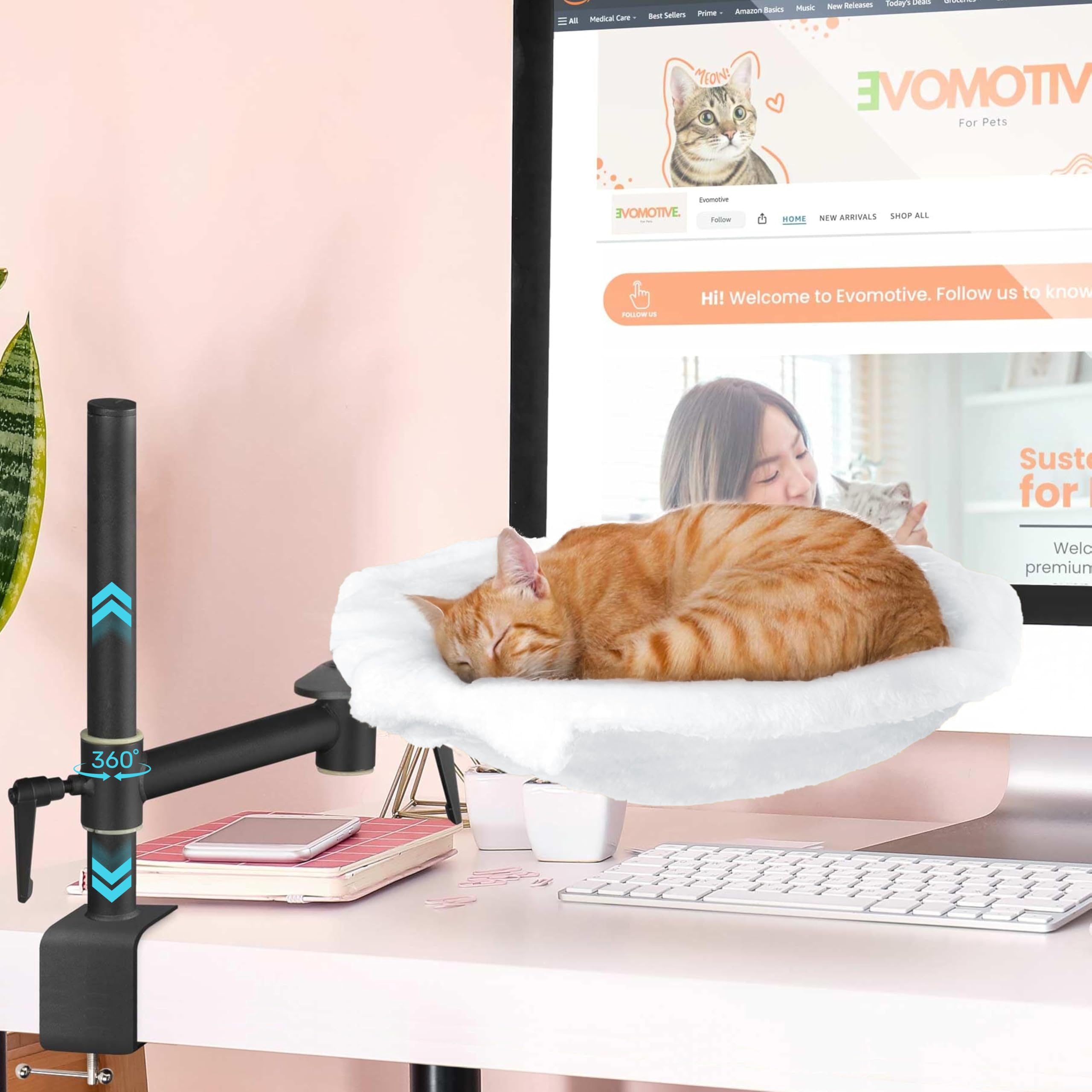 Evomotive Deskside Dreamer - Cat Desk Hammock, Comes With 2 Washable Fabrics: Mesh And Plush, 360 Rotating & Height Adjustable [
