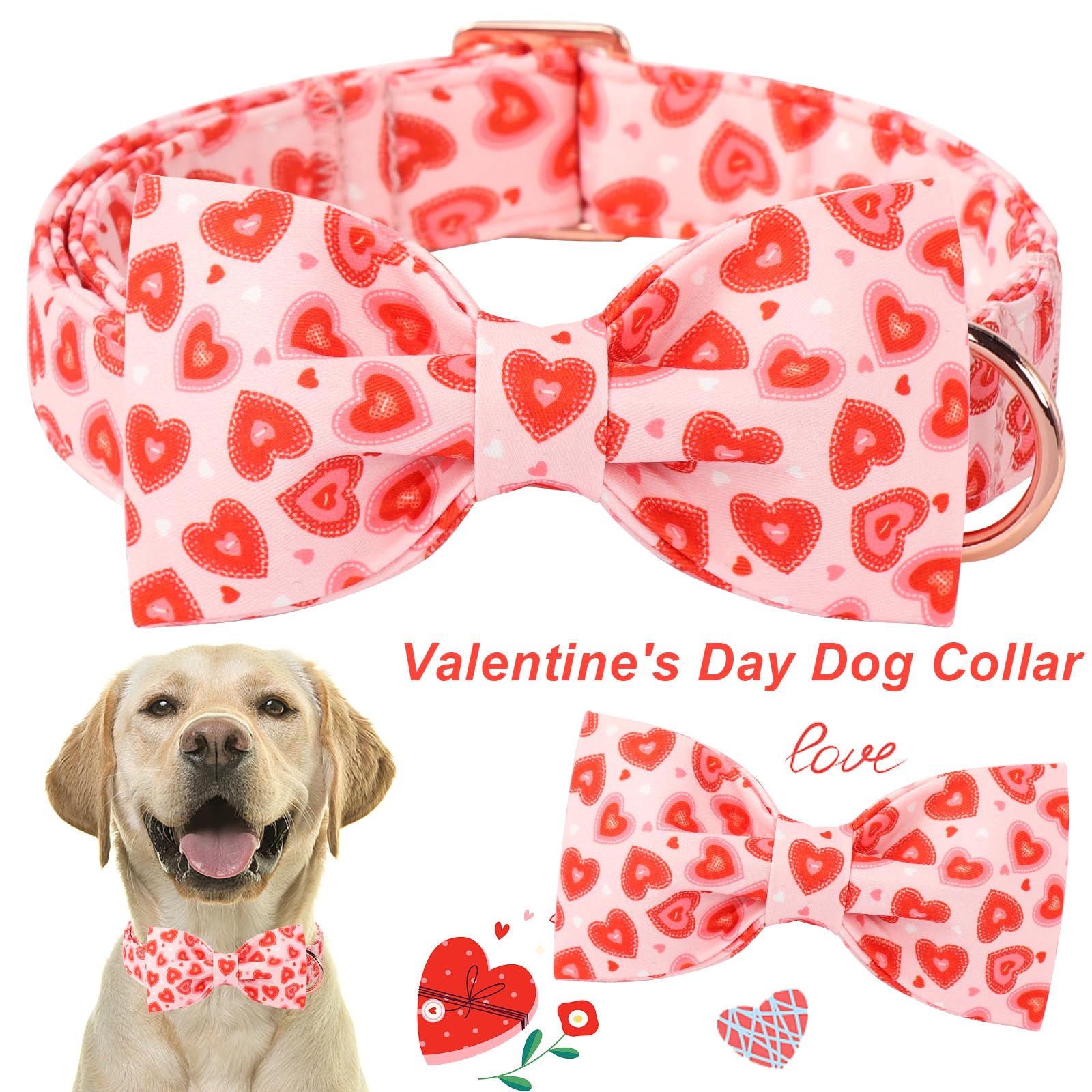 Aring Pet Valentine'S Dog Collar-Cute Pink Heart Dog Collars With Bow, Adjustable Wedding Heart Bowtie Dogs Collars Pet Necklace
