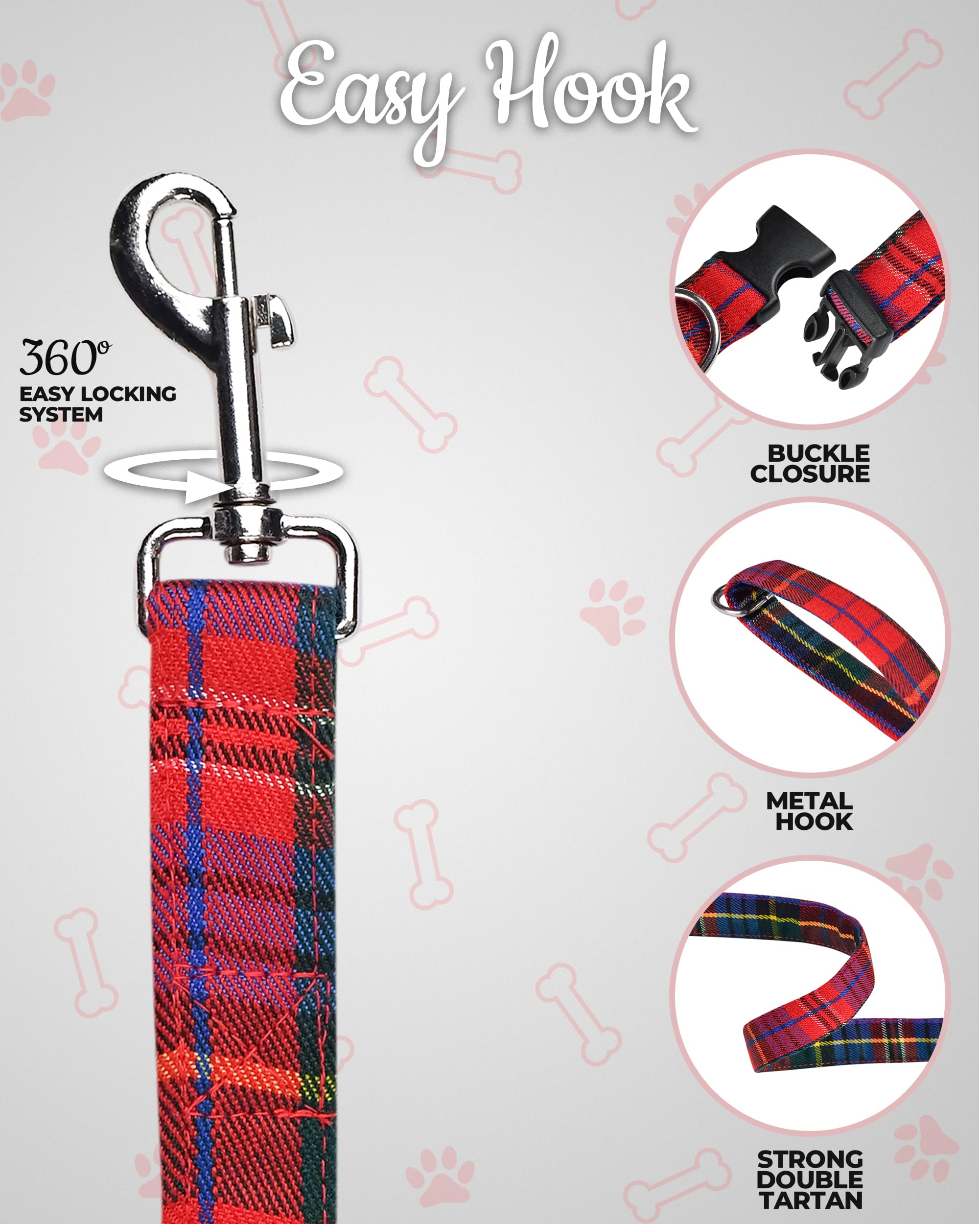 Dog Collar And Leash Set - Scottish Tartan Plaid Dog Bow Tie And Neckerchief, Tangle Free Leash Adjustable Collars Traditional S