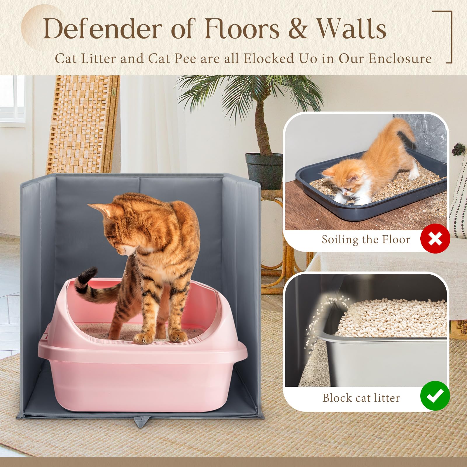 Reallnaive 24''L  16.92''W  16.14''H Cat Litter Box Enclosure Splash Guard With Removable Mat Large High Sided Enclosure For Lit