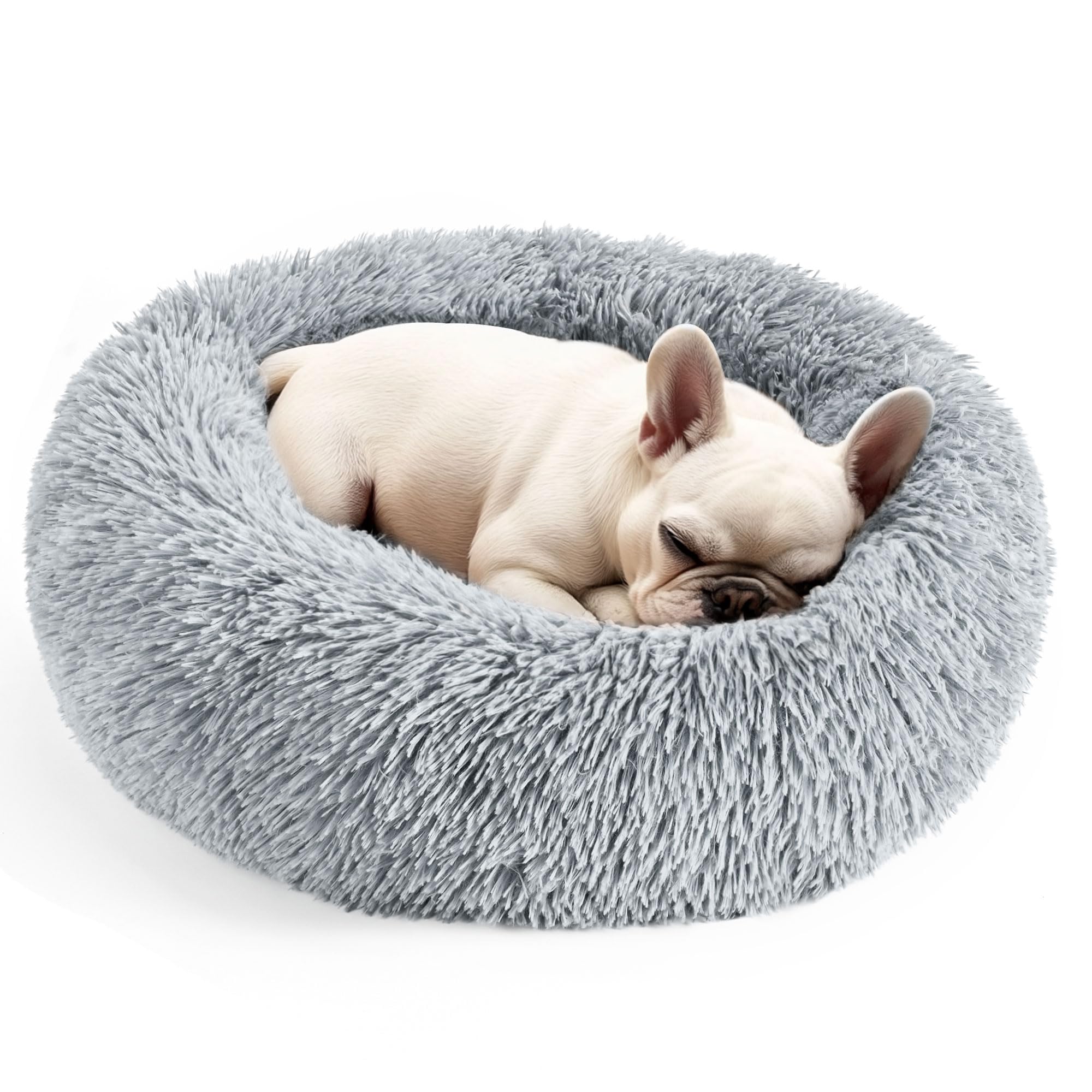 Dogs Bed For Small Dogs, Anti-Anxiety Washable Round Bed (Light Grey, 24.0'' L X 24.0'' W X 8.0'' Th)
