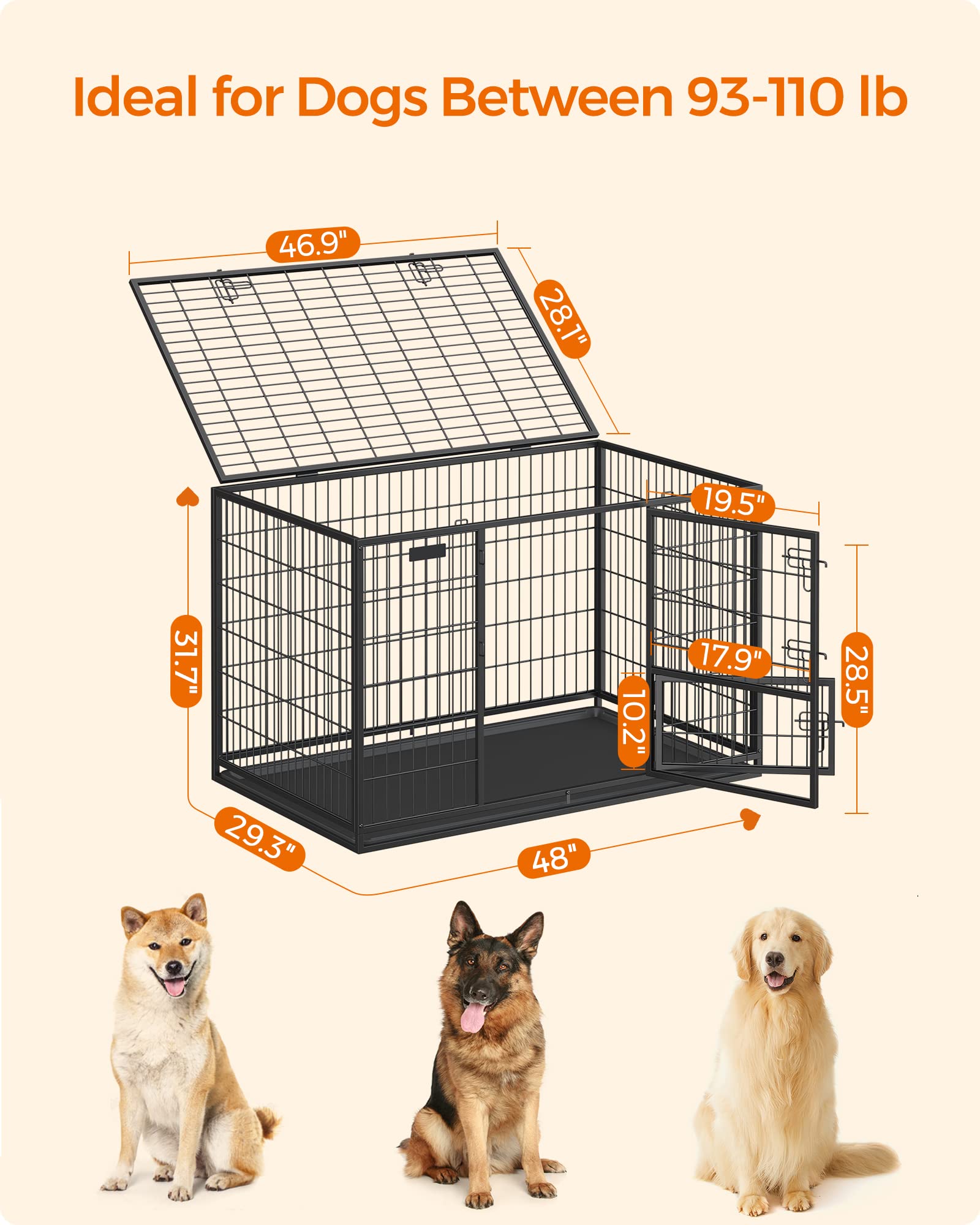 Feandrea Heavy-Duty Dog Crate, Metal Dog Kennel and Cage with Removable Tray, XL for Medium and Large Dogs, 42.1 x 27.6 x 29.5 I