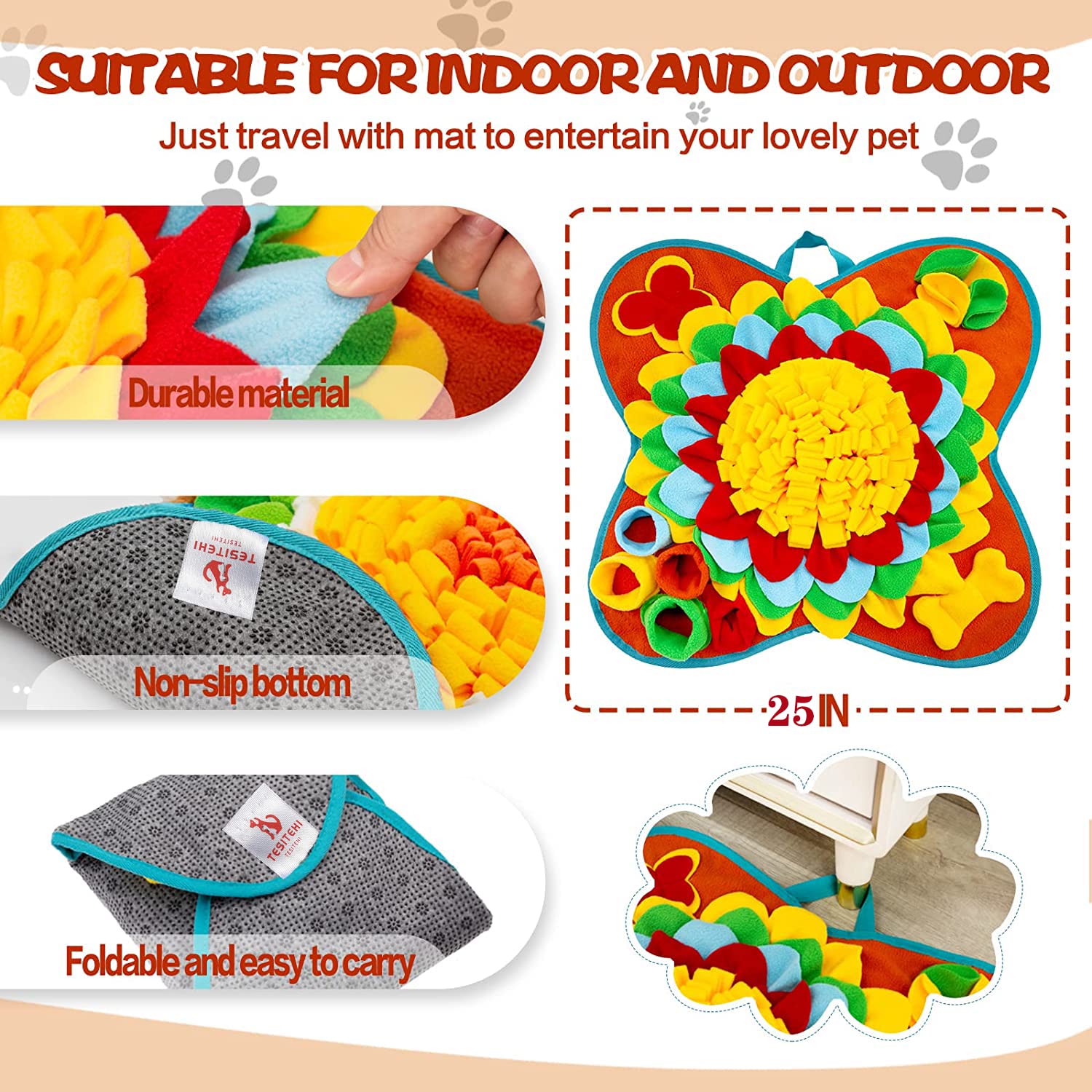 Tesitehi Snuffle Mat For Dogs, 25''X 25'' Activity Feeding Mat For Small And Medium Pets, Interactive Feed Game For Boredom, Slo