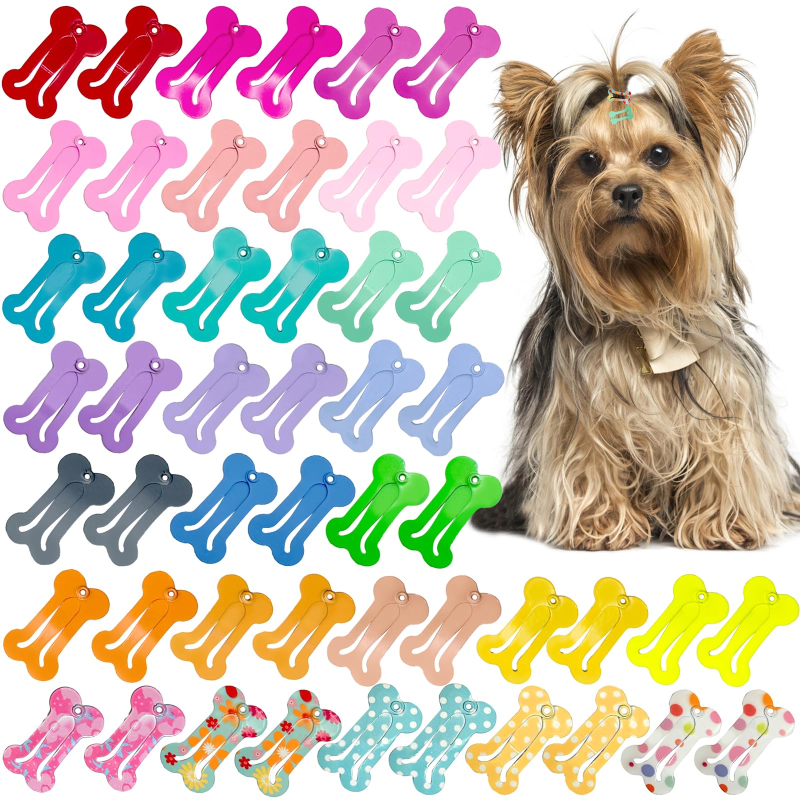 Rimobul 1' Mini Pet Hair Clip - Rimobul 50 Pieces Dog Hair Clips Bone Shaped Snap Pet Hair Barrettes Multicolor Small Snap Hair Clips Puppy Hair Accessories For Yorkie Puppy Pet 25 Styles