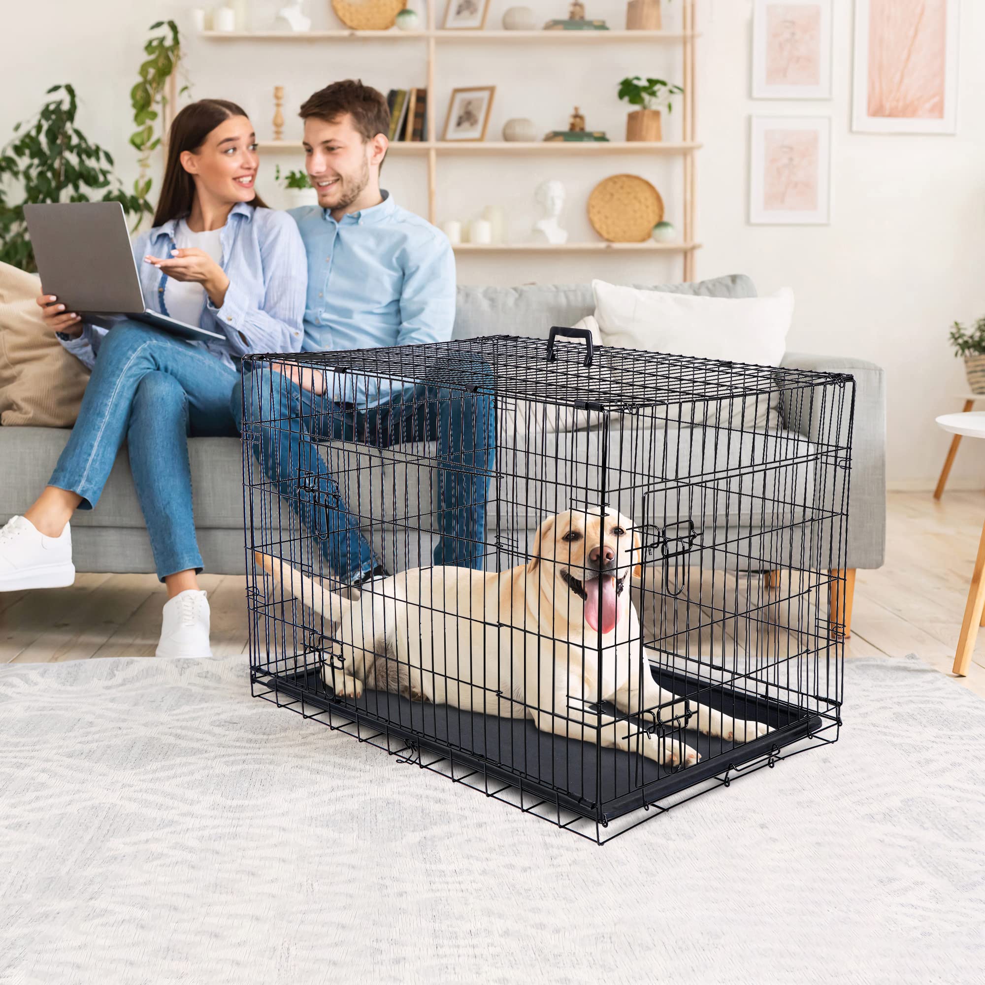 30/36/42 Inches Double Door Dog Crate Folding Metal Wire Dog Kennel Cage With Tray For Small/Medium/Large Dogs Indoor Outdoor Tr