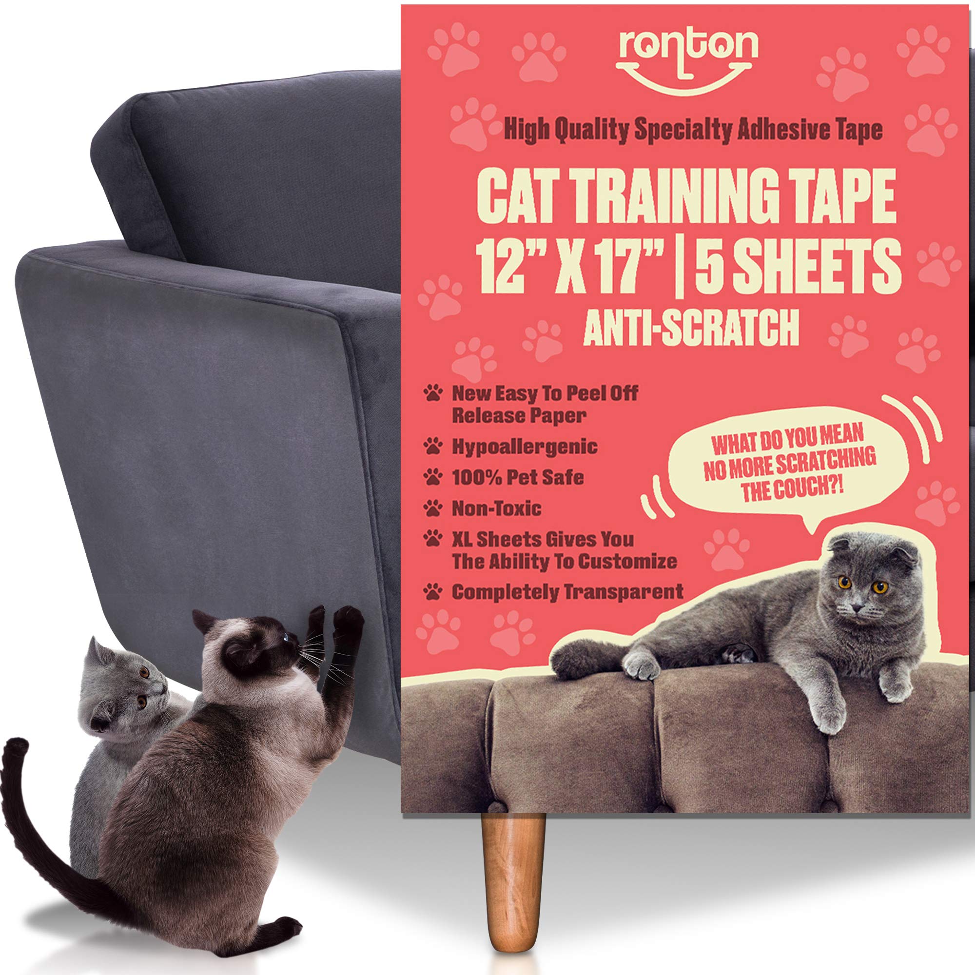 Ronton Cat Scratch Deterrent - Anti Scratch Tape For Cats | 100% Transparent Clear Double Sided Training Tape | Pet & Kid Safe |
