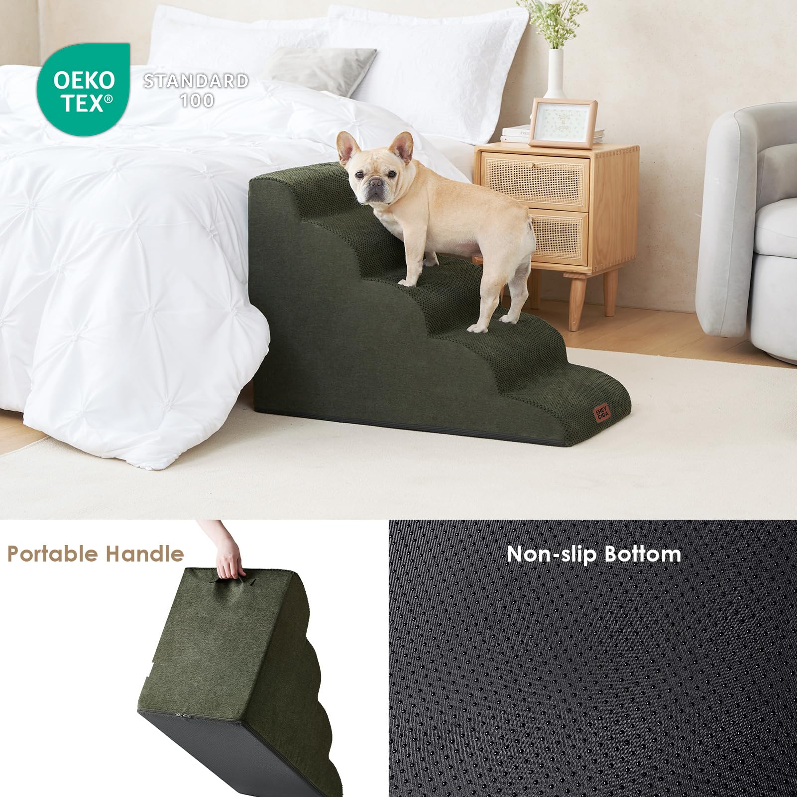 Eheyciga Curved Dog Stairs Ramp For High Beds 22.6' H, 5-Step Dog Steps For Small Dogs And Cats, Pet Stairs For High Bed Climbing, Non-Slip Balanced Pet Step Indoor, Olive Green