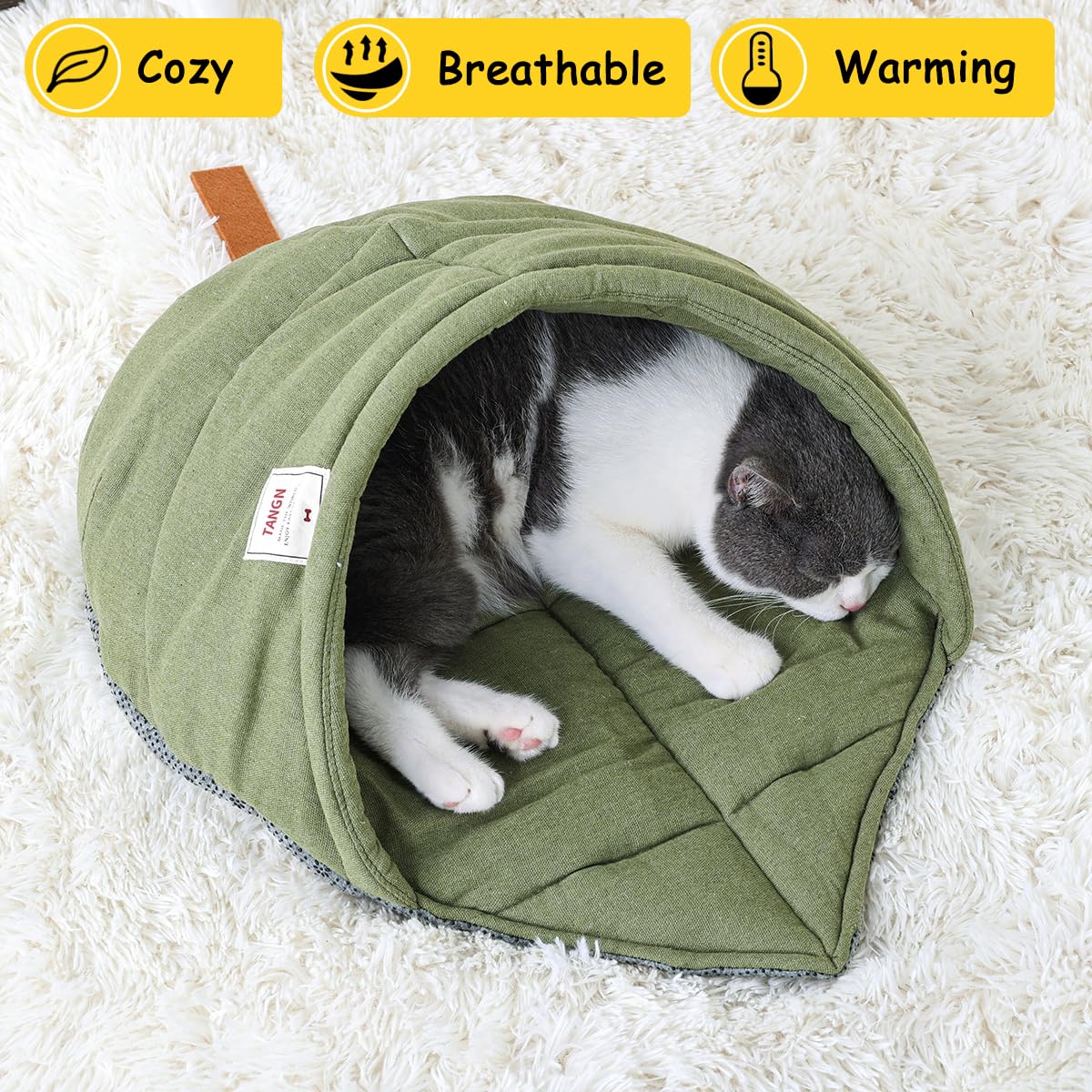 TANGN Cat Sleeping Bag,Linen Fabric Cat Bed Cave Leaf Nest Pet Cuddle Zone Covered Hide Hood Burrowing Cozy Soft Durable Washabl