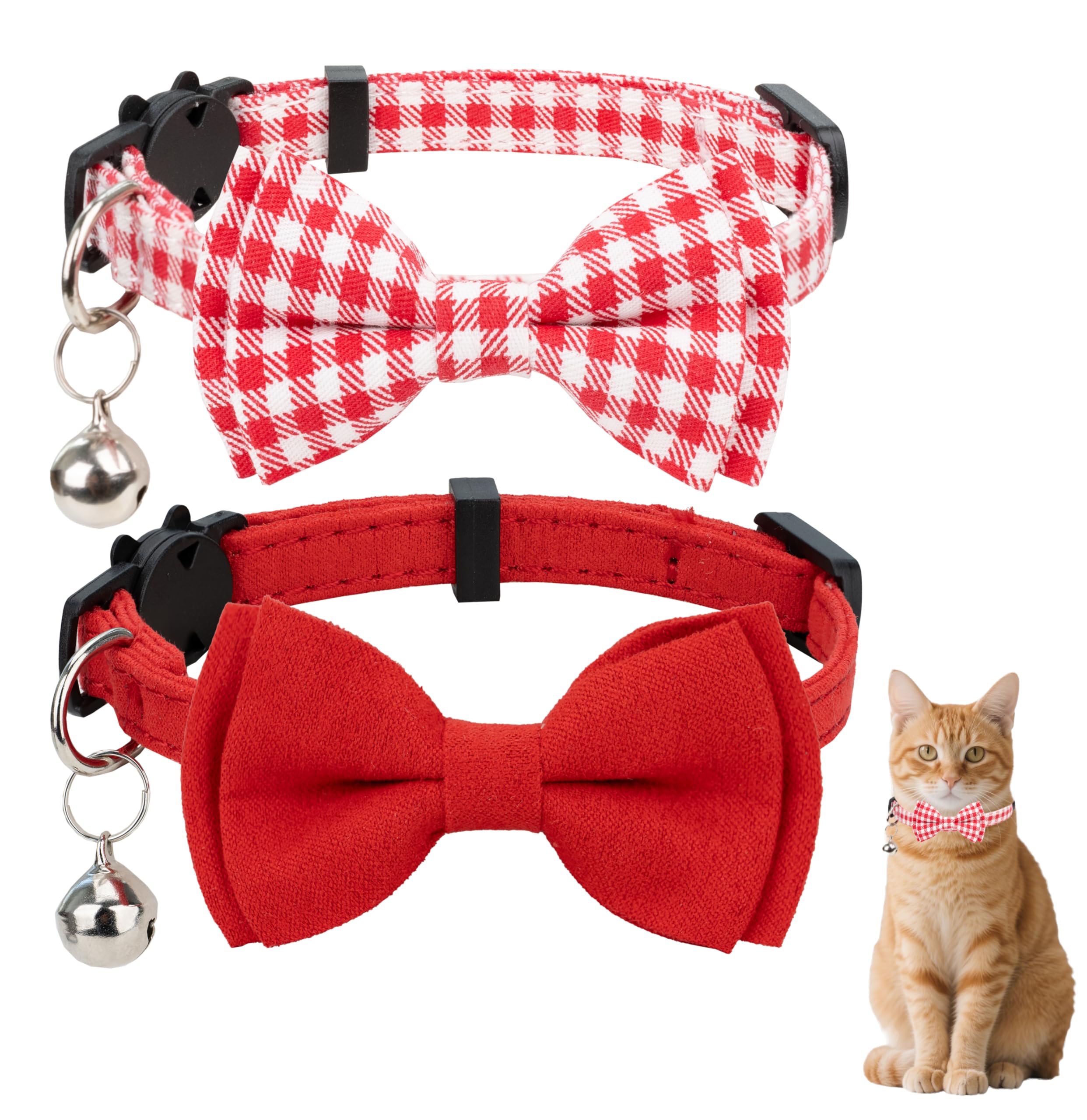 Gyapet Cat Collar Breakaway With Bell Boy Girl Kitten Bow Tie Safety Plaid Solid Color Set Cute Soft Summer [2Pcs] Red