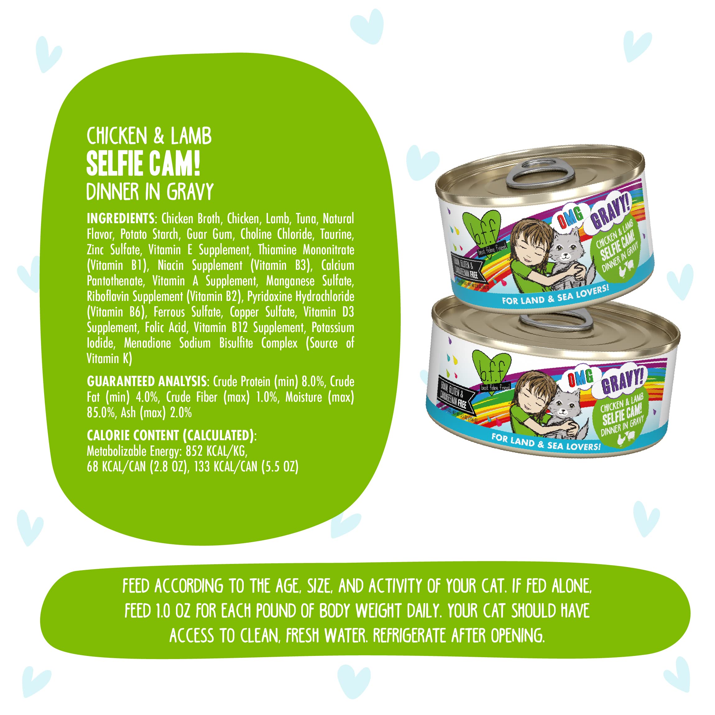Weruva B.F.F. OMG - Best Feline Friend Oh My Gravy!, Selfie Cam! with Chicken & Lamb in Gravy Cat Food, 2.8oz Can (Pack of 12)
