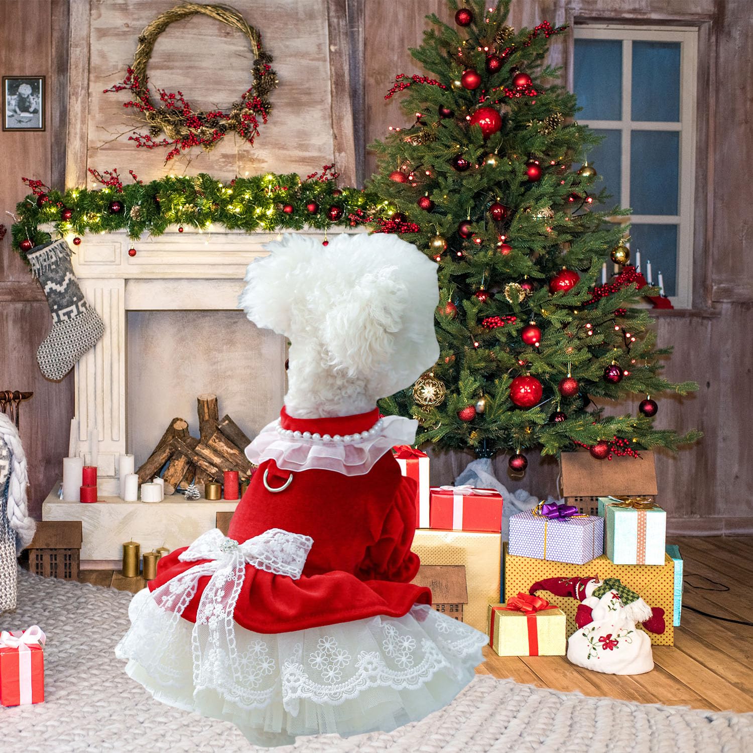 Fladorepet Dog Christmas Costume Outfits,Red Velvet Small Dog Bowknot Pearl Dress Tutu Skirt, Winter Cat Clothes Pet Apparel(Red