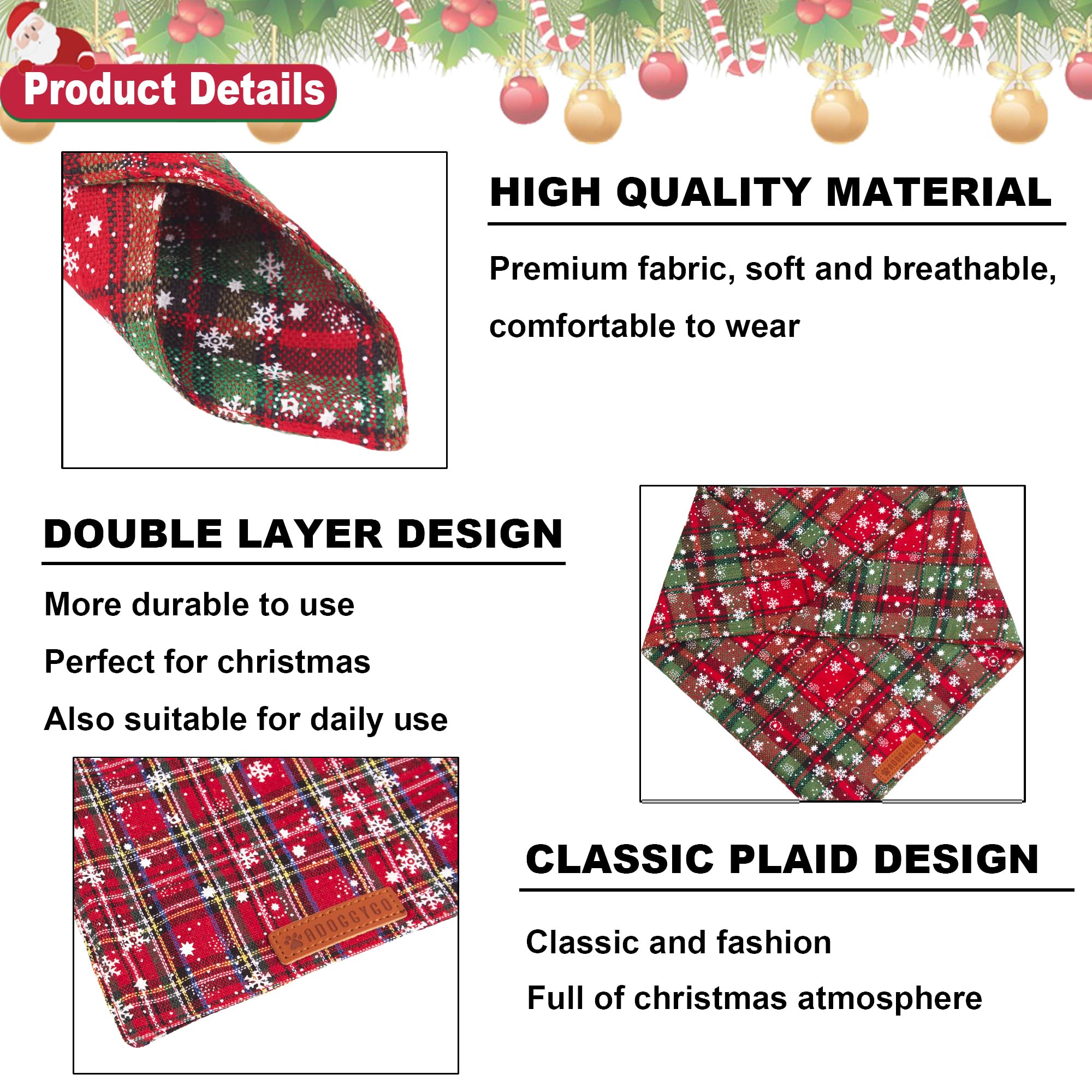 Adoggygo 2 Pack Dog Bandanas Christmas, Stylish Plaid Snowflake Dog Scarf, Premium Durable Fabric, Multiple Sizes Offered, Christmas Bandanas For Medium Large Dogs Pets (Large, Red)