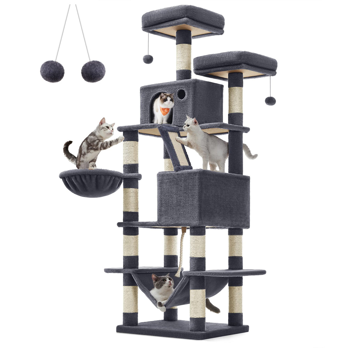 Feandrea Cat Tree, 66.1-Inch Large Cat Tower With 13 Scratching Posts, 2 Perches, 2 Caves, Basket, Hammock, Pompoms, Multi-Level