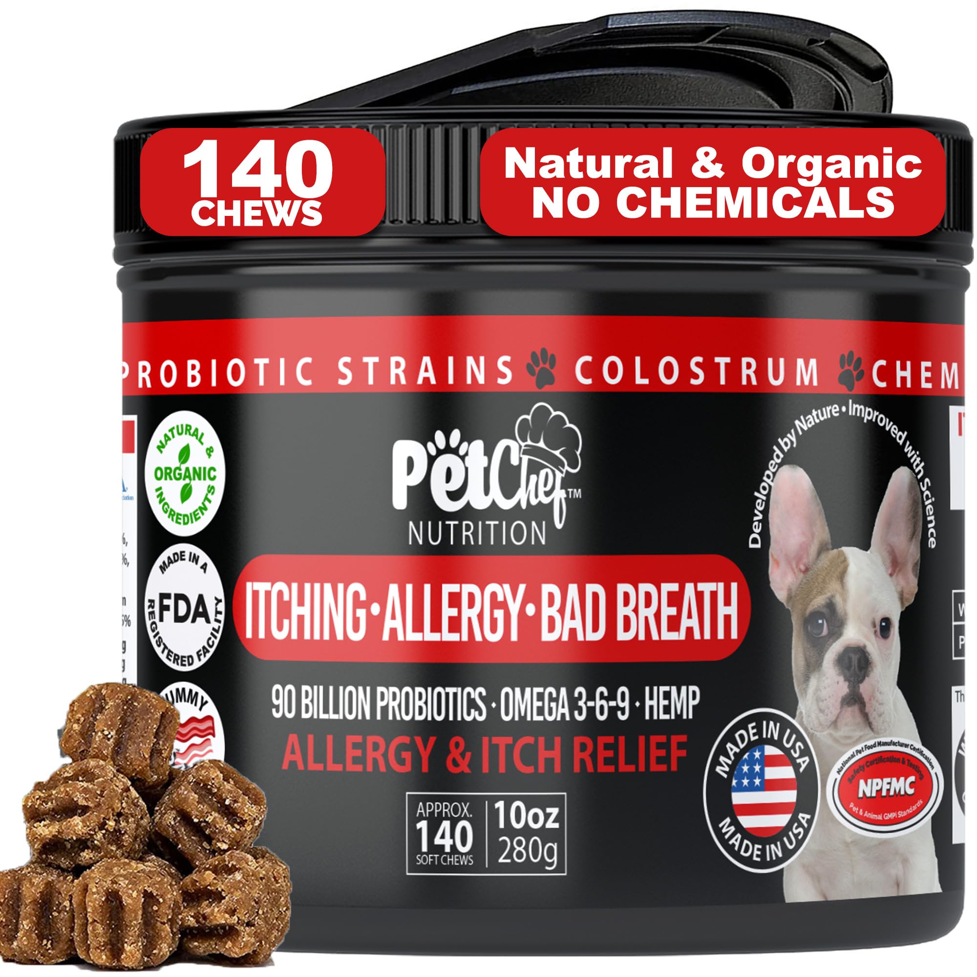 Pet Chef Dog Stop Itching Relief Chew - Anti Itch for Dogs with Omega 3, Salmon Oil - Bacon Flavor - Easy Allergen-Free Immune S