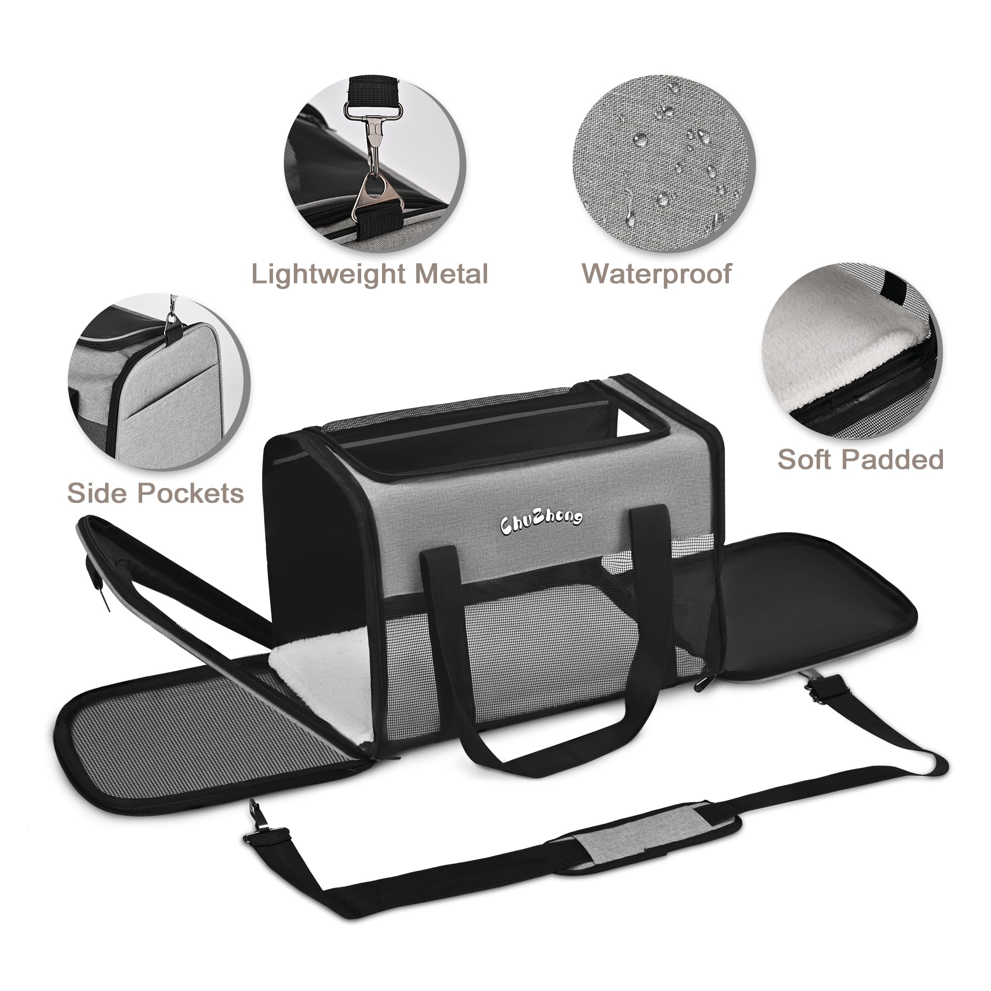 Chuzhong Cat Dog Carrier For Small Medium Cats Puppies Up To 18 Lbs(Grey),Soft Sided Cat Bag Airline Approved,Collapsible Pet Tr