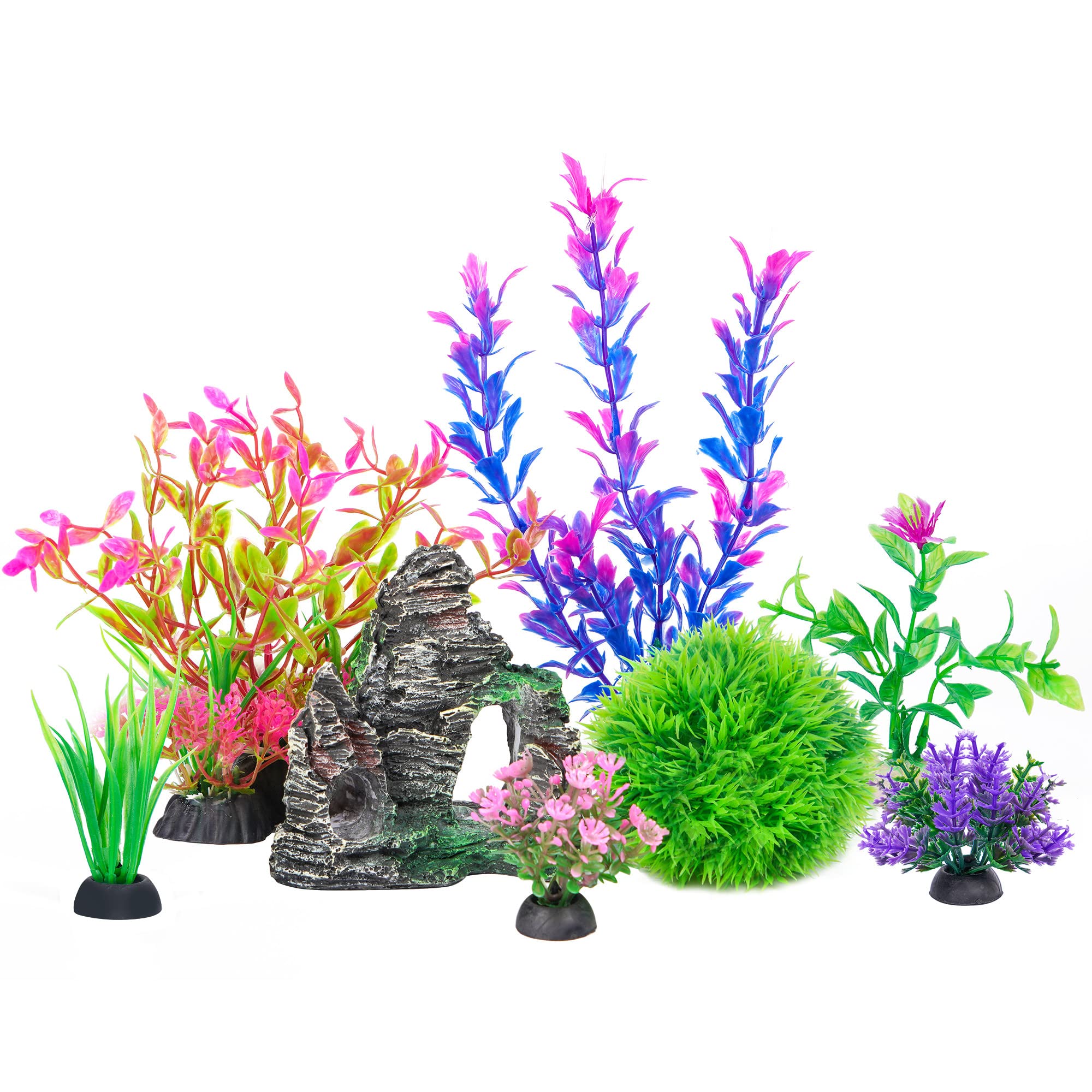 Ameliade Aquarium Artificial Plastic Plants Decorations And Rock Cave Decor Set Goldfish Betta Fish Tank Accessories Small Large Fish Bowl Ornaments
