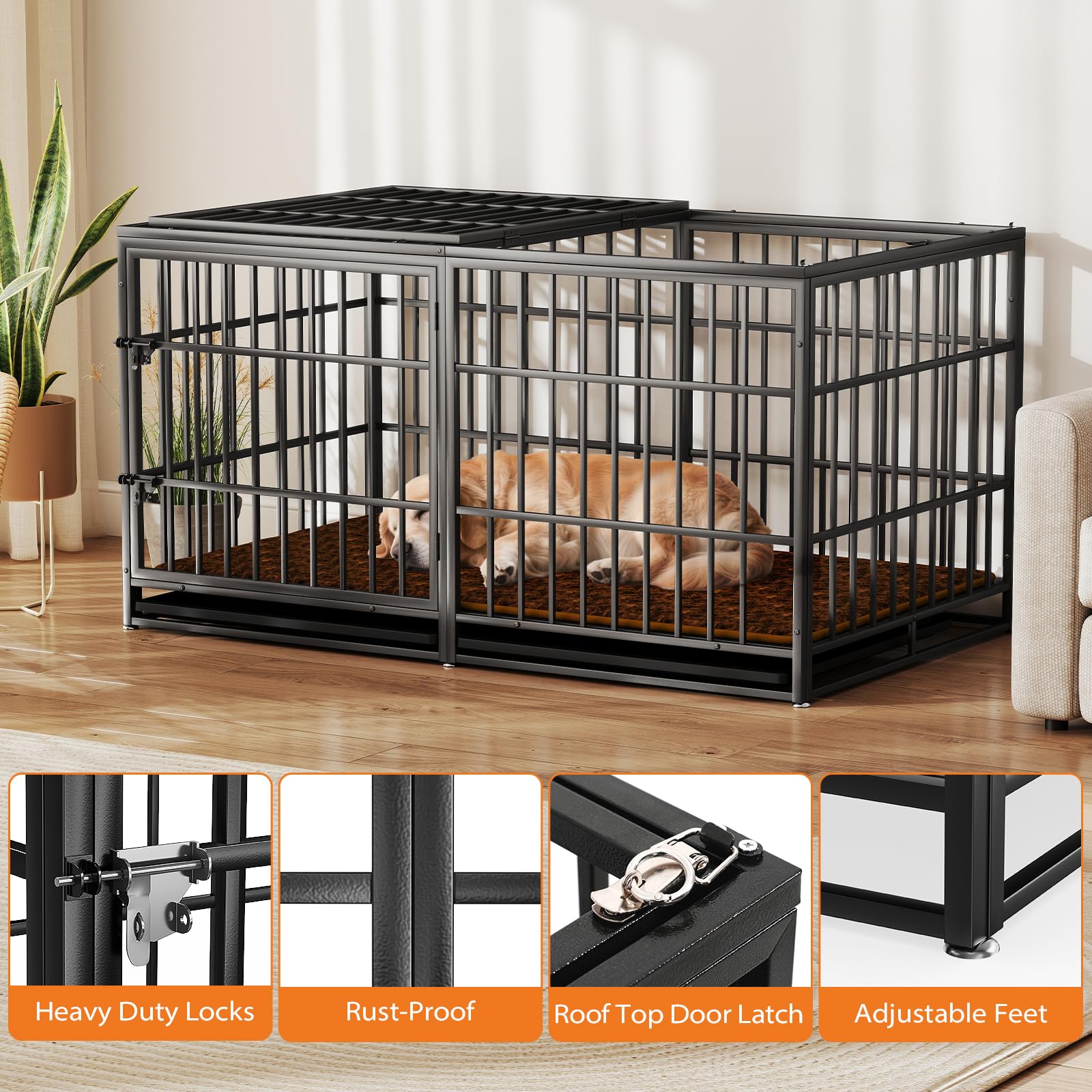 Rovibek Heavy Duty 61 Inch Steel Dog Crate, Escape Proof, Indestructible, Black, Model RXZER17